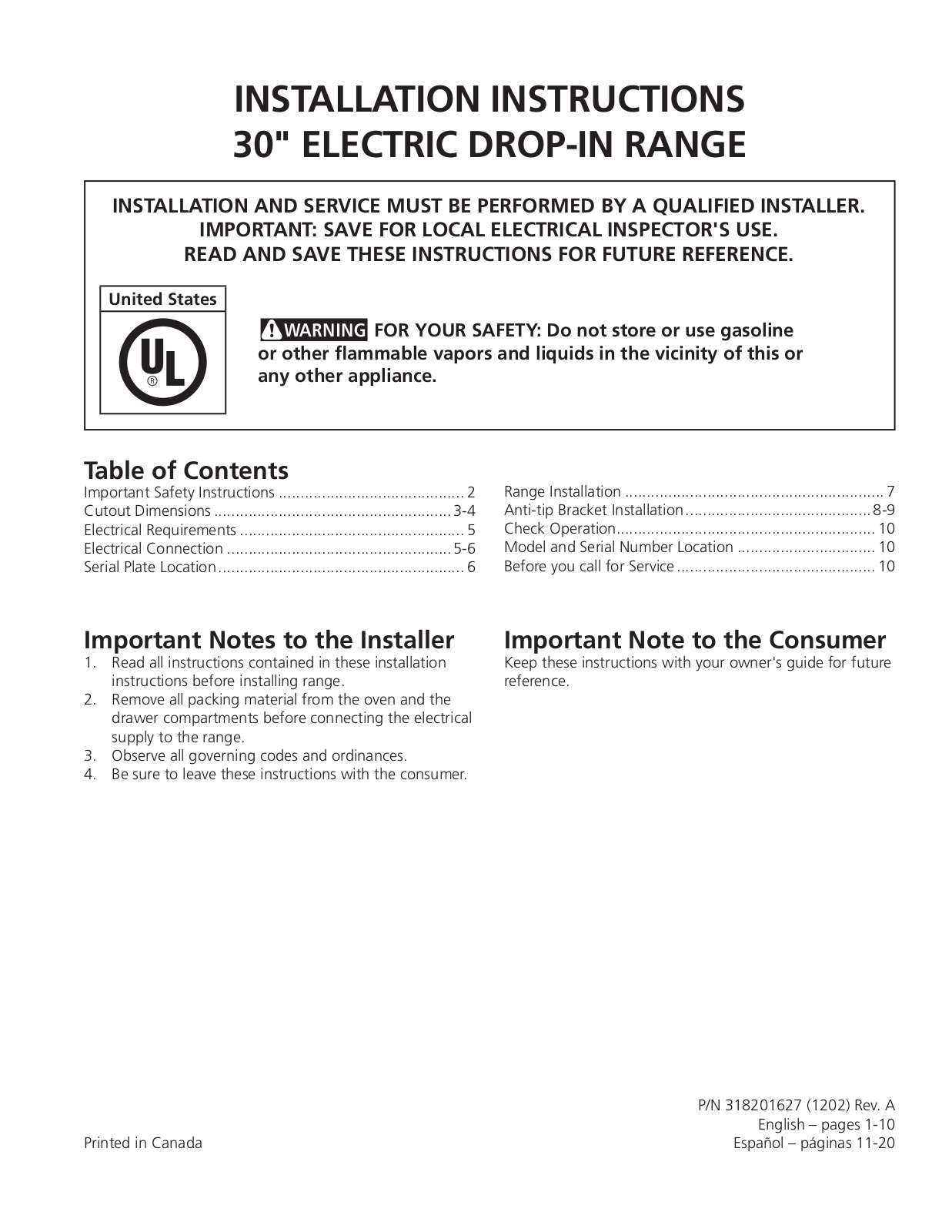 Frigidaire FFED3025LB, FFED3015LB Installation  Manual