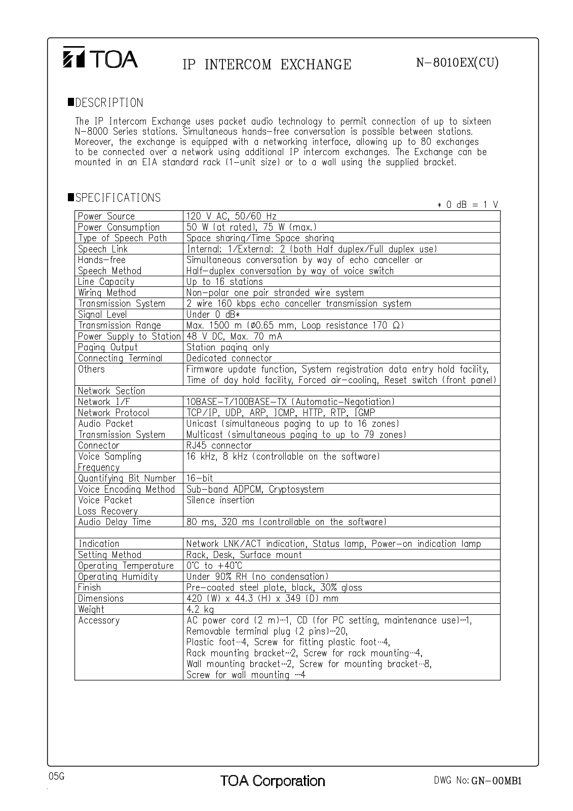 Toa N-8010EX Specifications