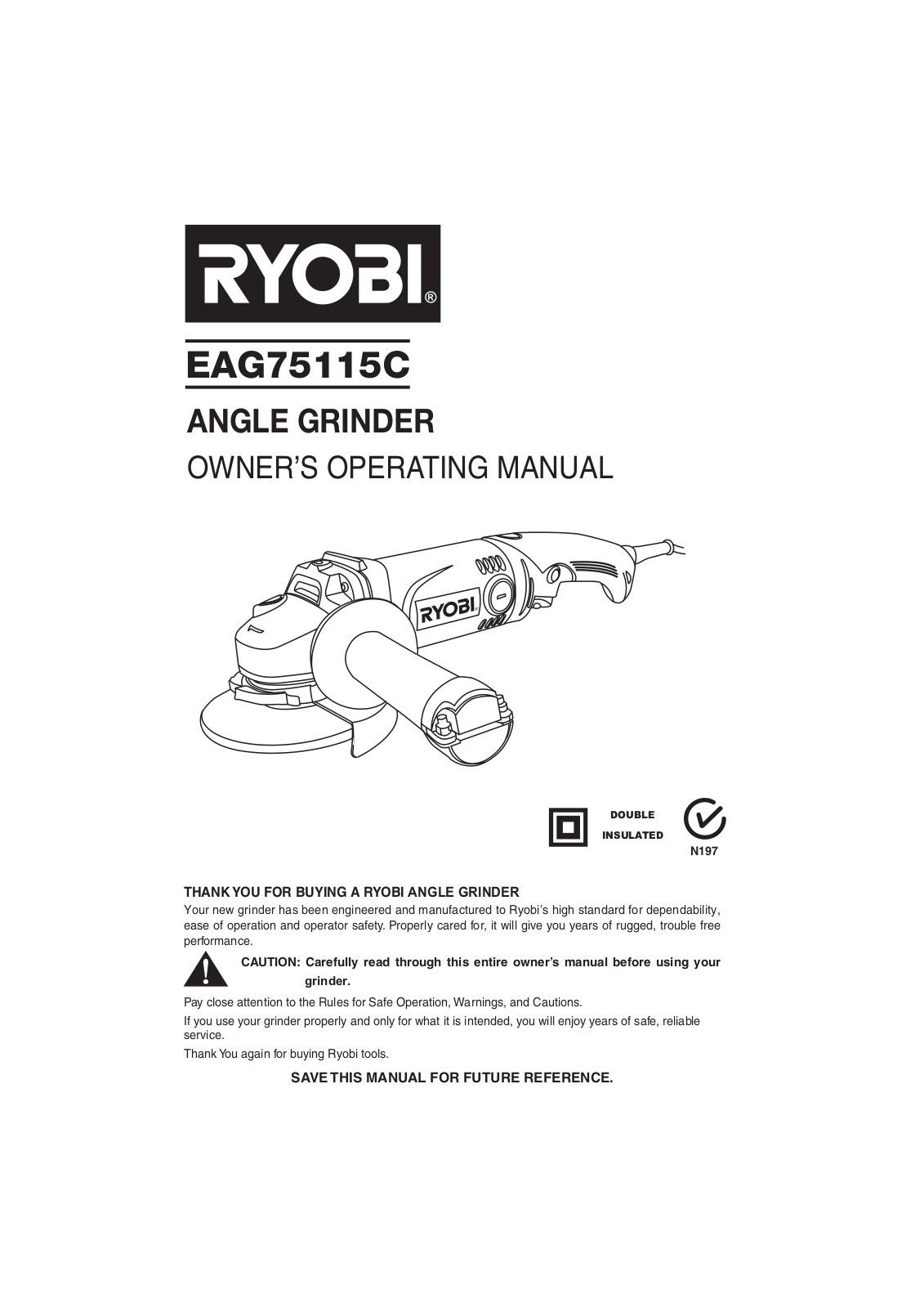 Ryobi 750W ANGLE GRINDER  115MM EAG75115C User Manual