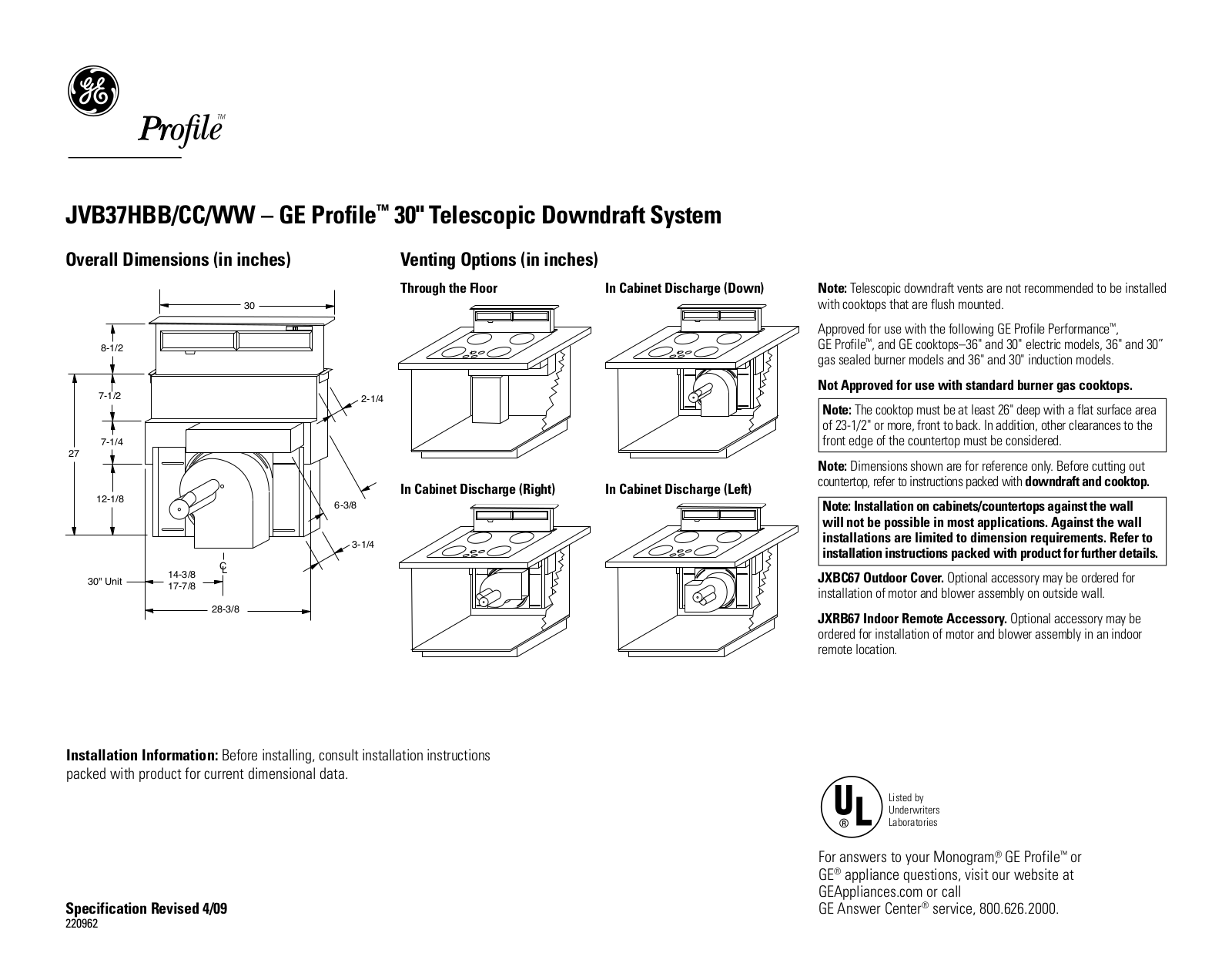 General Electric JVB37HBB User Manual