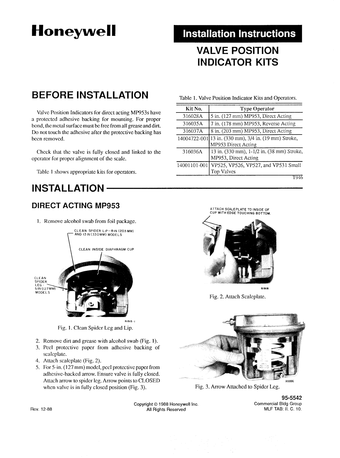 Honeywell MP953 Installation Instructions