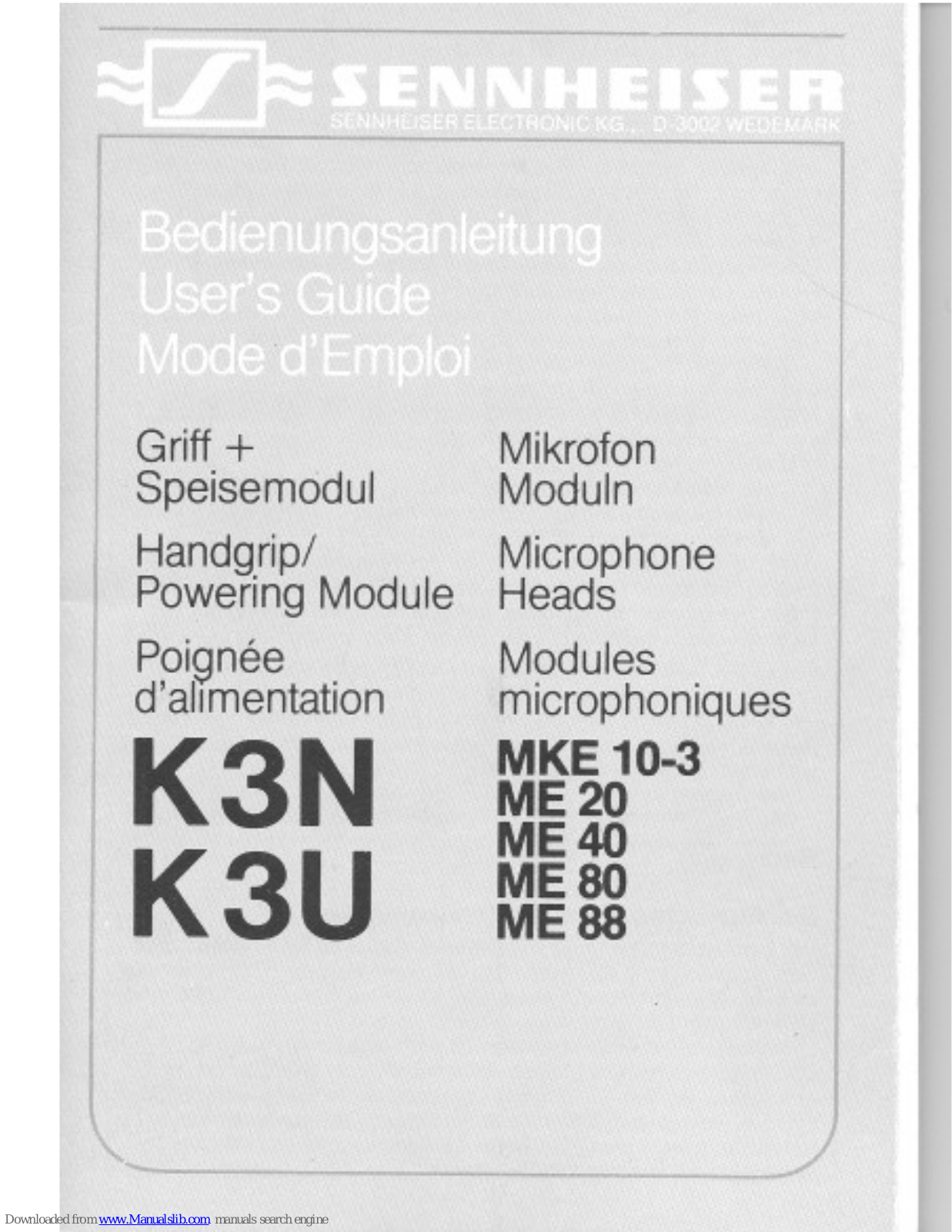 Sennheiser K 3U, ME 20, ME 40, ME 80, ME 88 User Manual