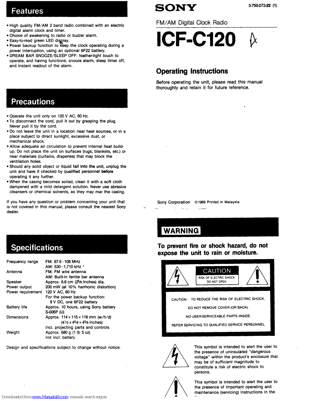 Sony ICF-C120 Primary Operating Instructions Manual