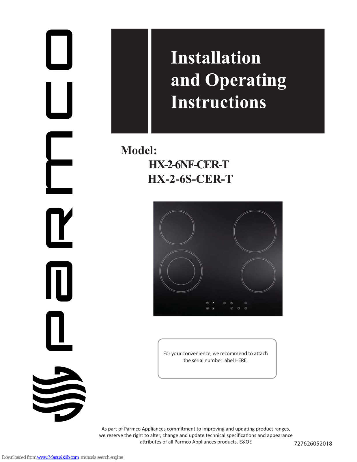 Parmco HX-2-6NF-CER-T, HX-2-6S-CER-T Installation And Operating Instructions Manual