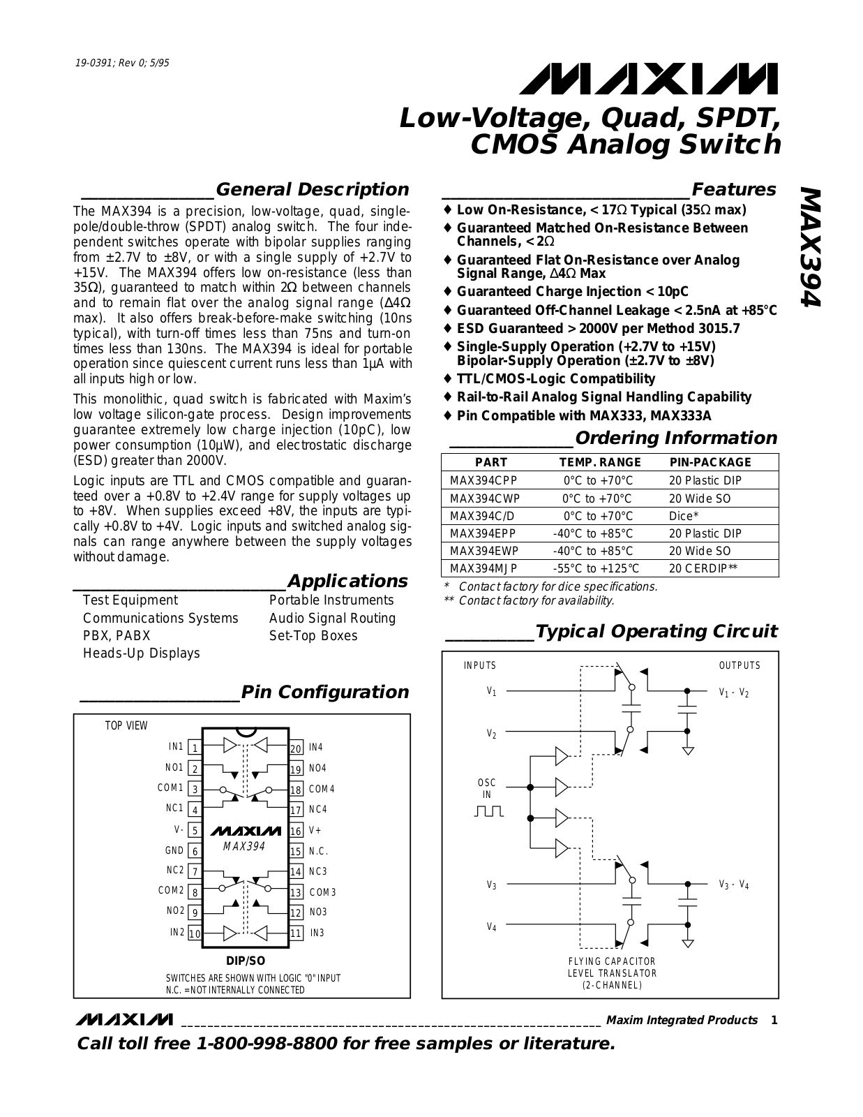 Maxim MAX394MJP, MAX394EWP, MAX394CPP, MAX394C-D, MAX394EPP Datasheet