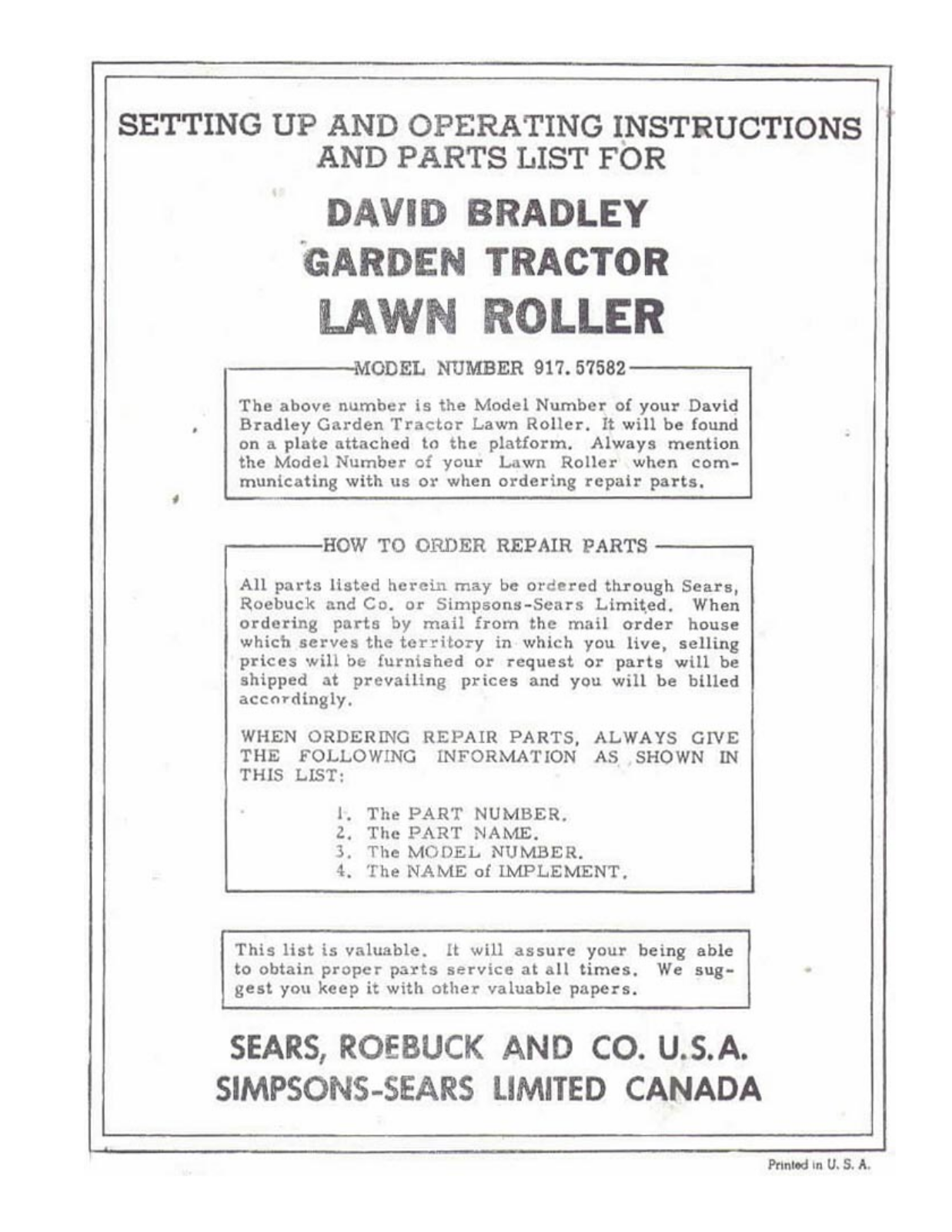 David Bradley 917.57582 Operating instructions