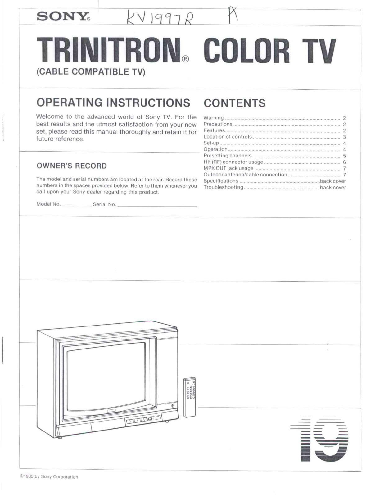 Sony KV-1997R Operating manual