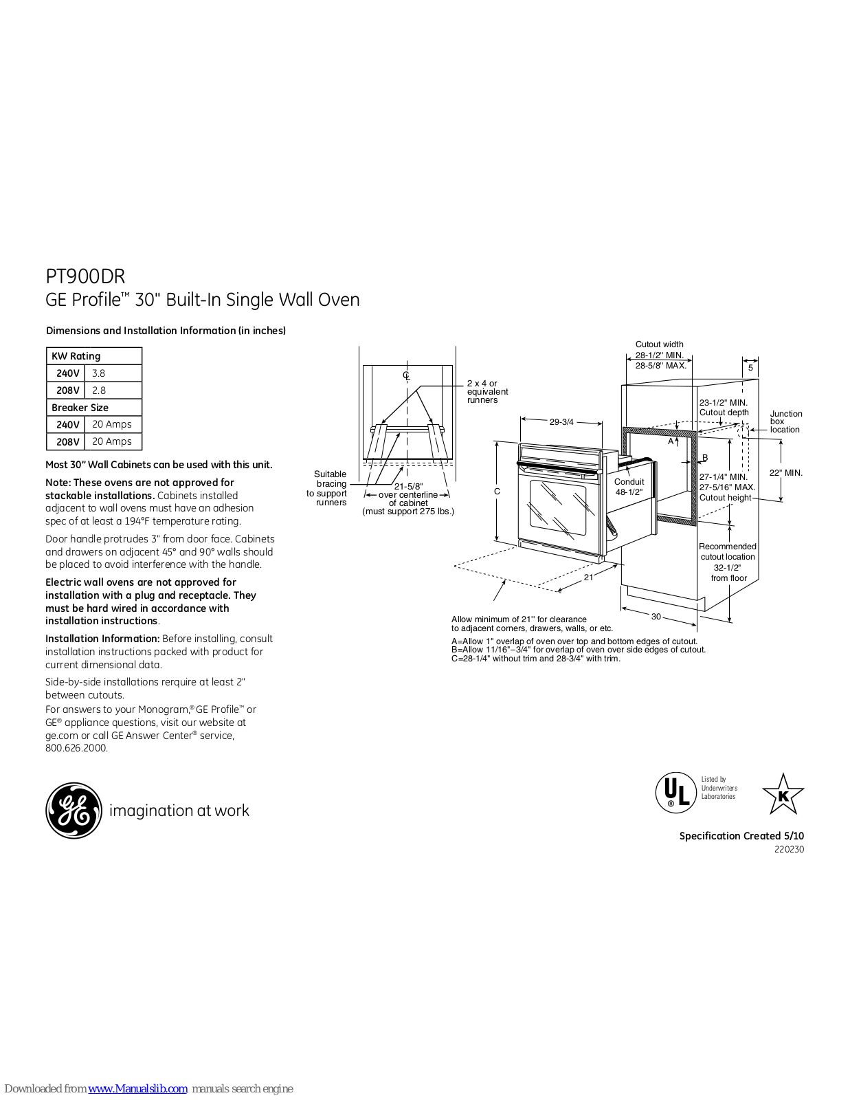 GE Profile PT900DR, Profile PT900DRBB Dimensions And Installation Information