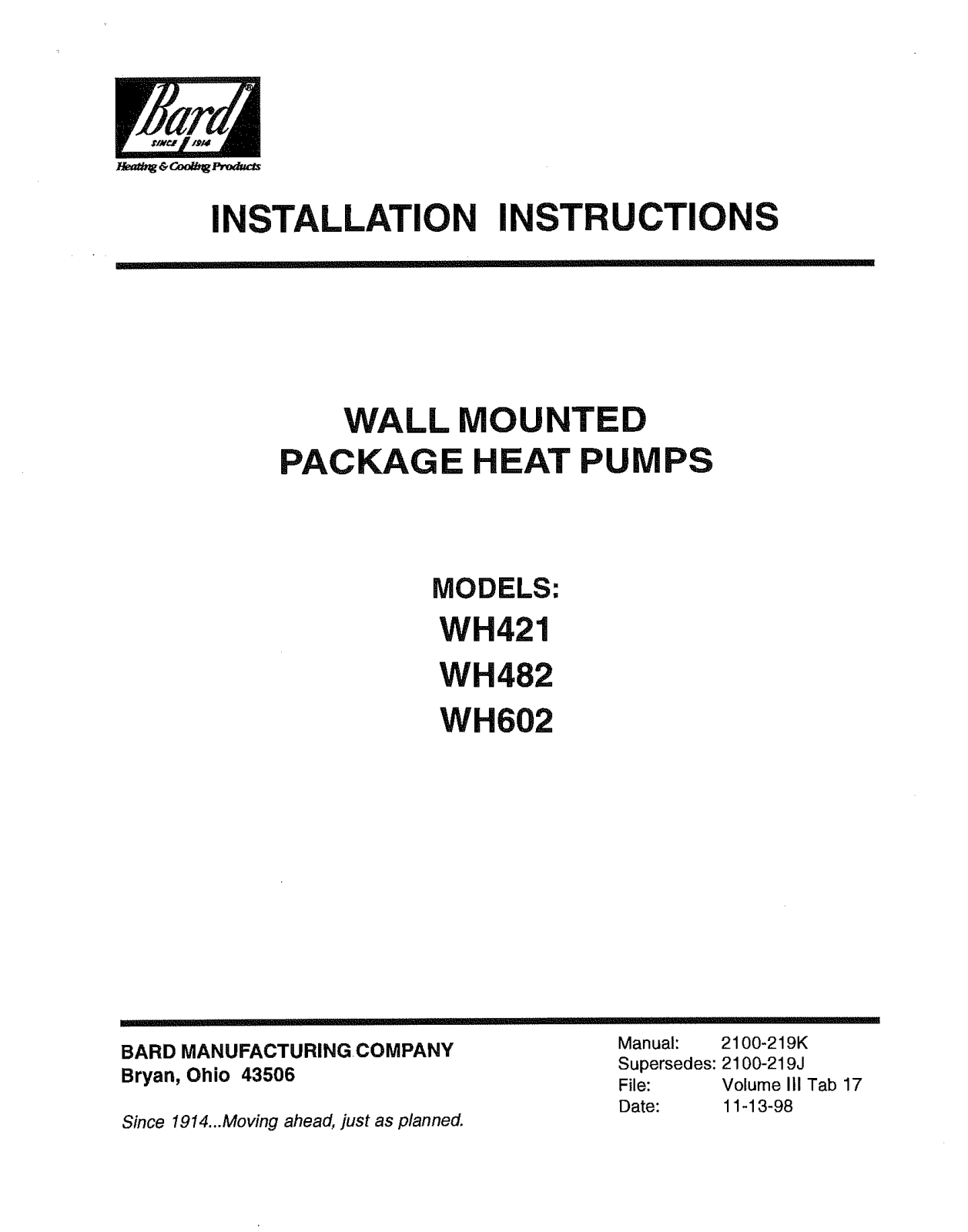 Bard WH602, WH421, WH482 User Manual 2