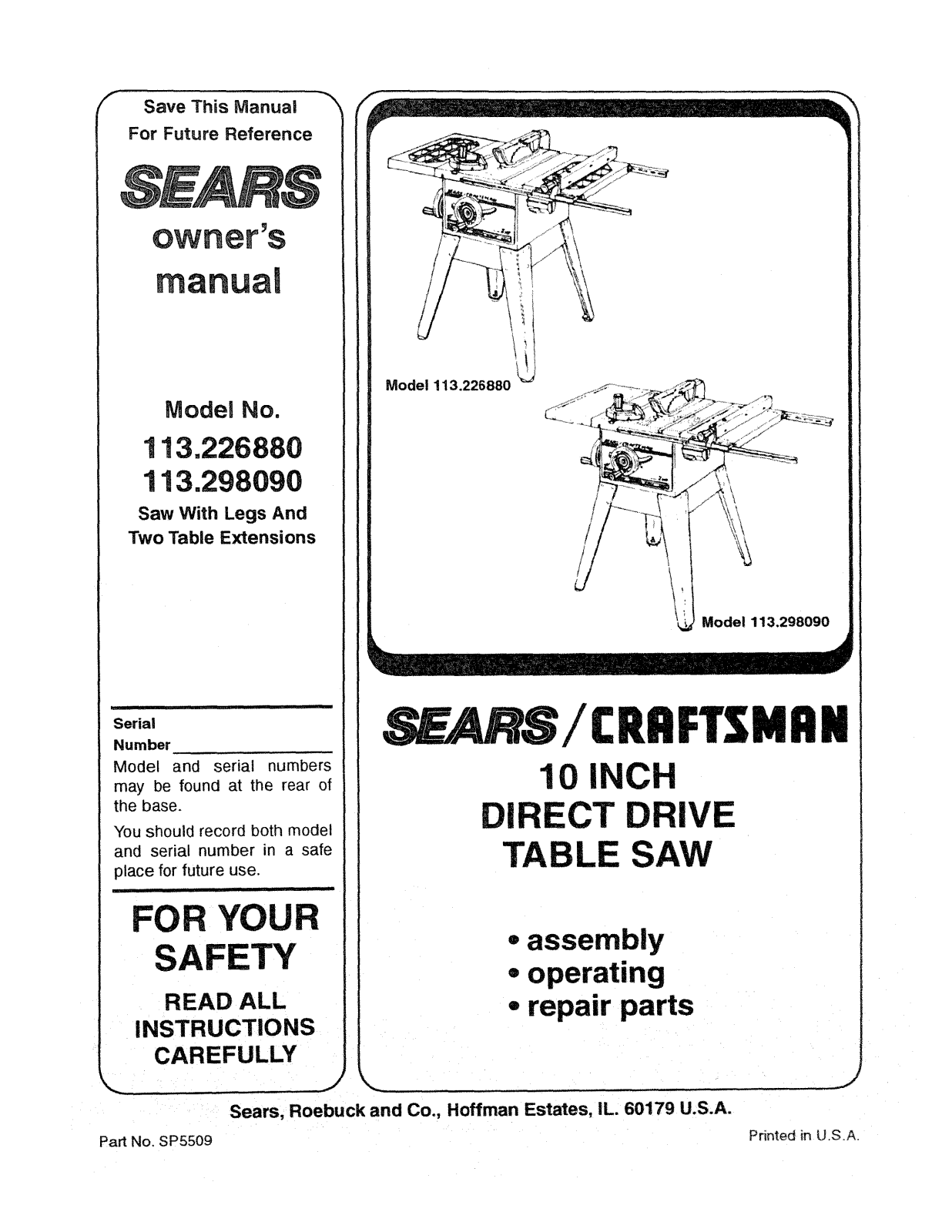 Craftsman 113298090, 113226880 Owner’s Manual