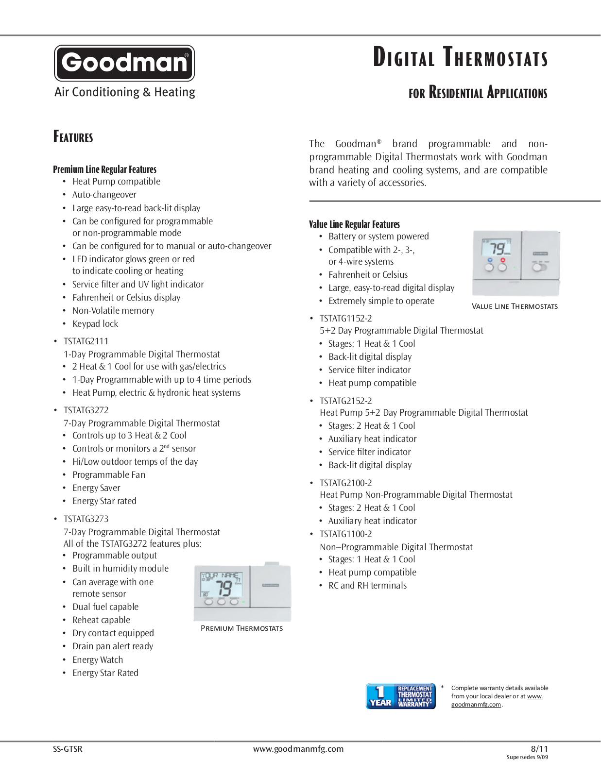 Goodman Mfg TSTAT GTS3275 User Manual