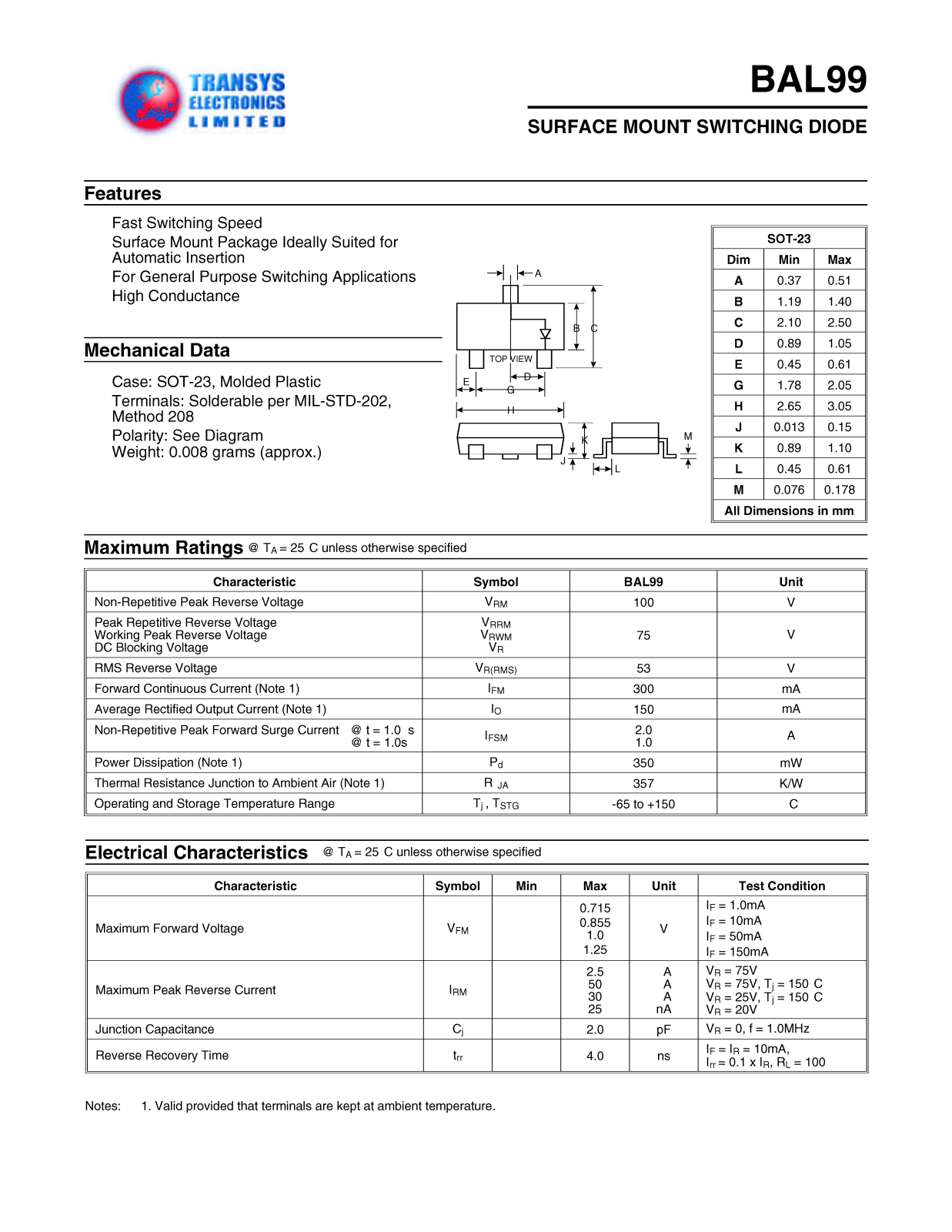 TEL BAL99, BAL99 Datasheet