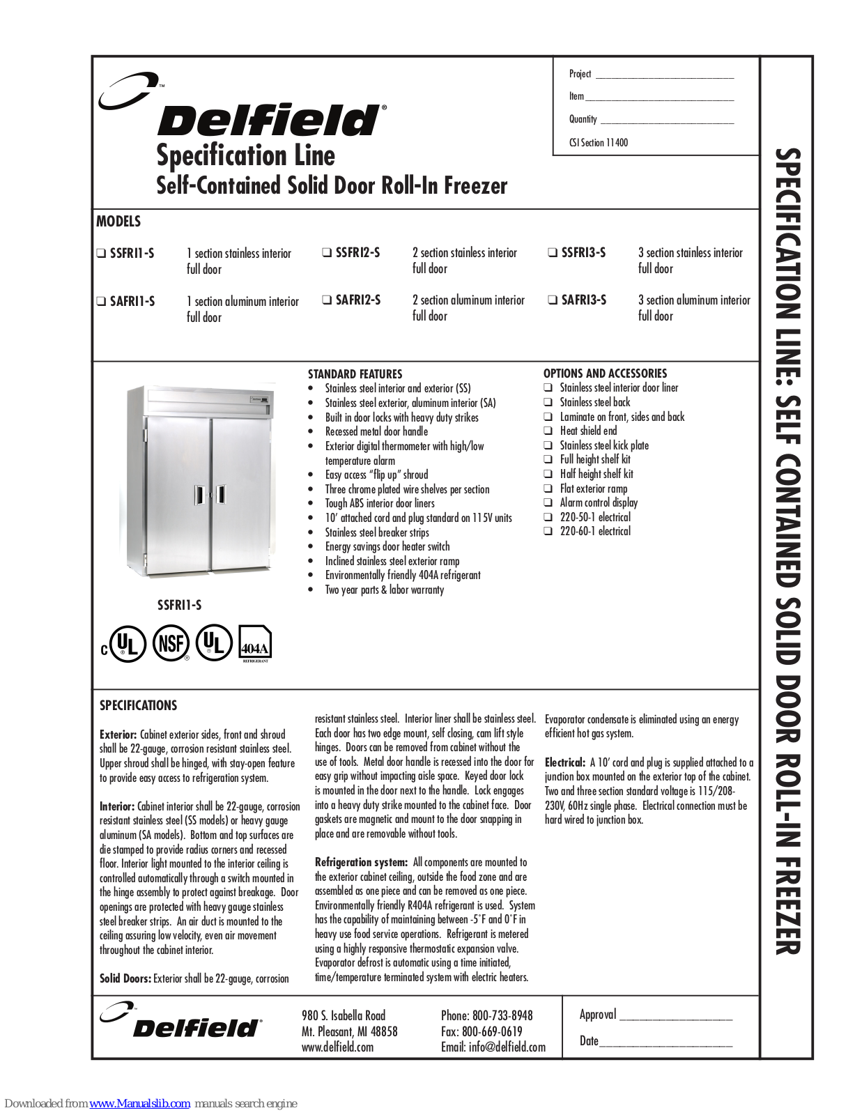 Delfield SAFRI1-S, SAFRI2-S, SAFRI3-S, SSFRI1-S, SSFRI2-S Specifications