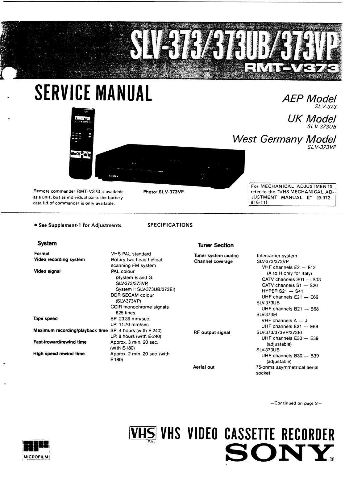 Sony SLV-373VP, SLV-373UB, SLV-373 Service Manual