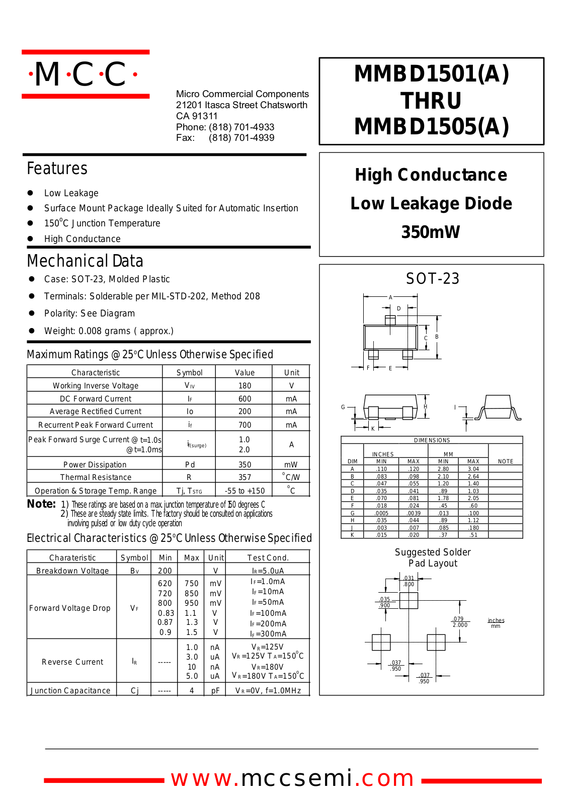 MCC MMBD1503, MMBD1501, MMBD1504A, MMBD1503A, MMBD1501A Datasheet