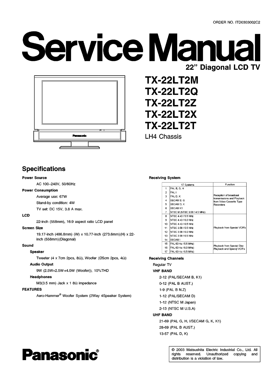 Panasonic TX-22LT2M, TX-22LT2Q, TX-22LT2Z, TX-22LT2X, TX-22LT2T Service manual