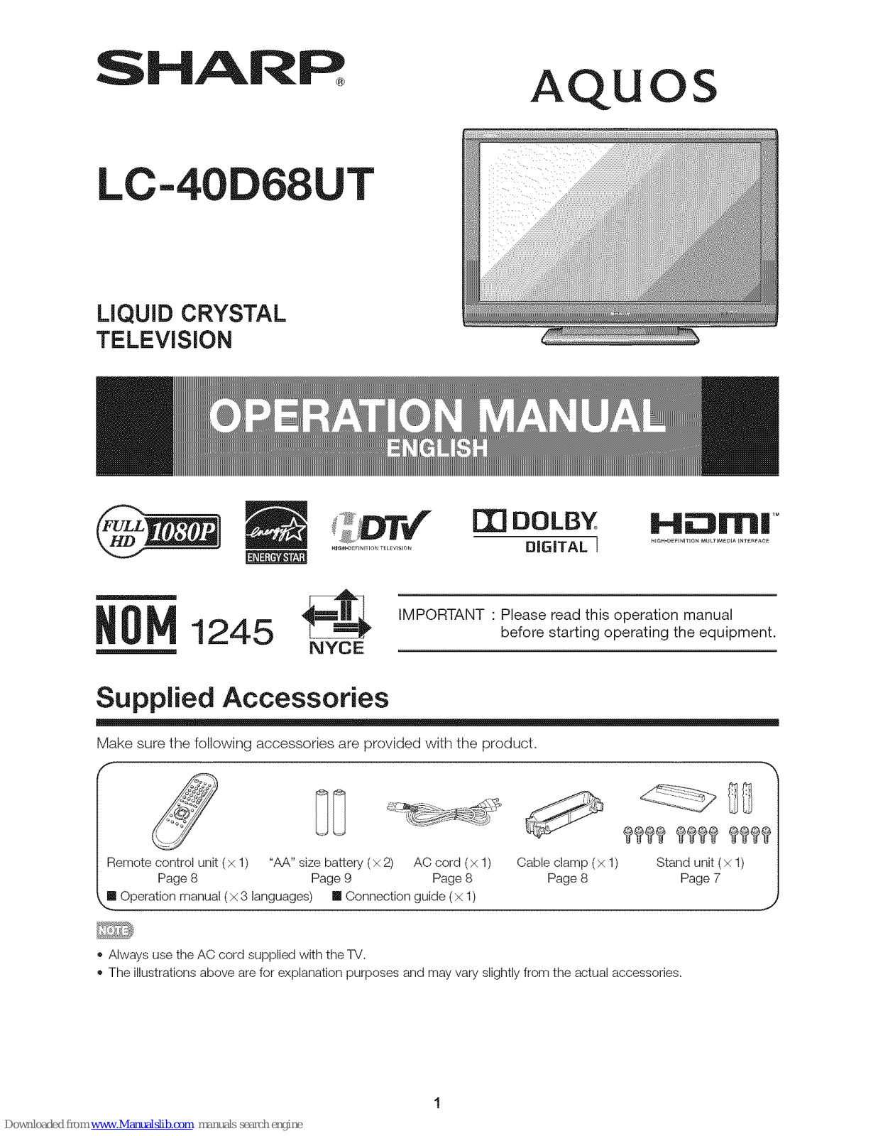Sharp AQUOS LC-40D68UT, LC40D68UN Operation Manual - ManualMachine.com
