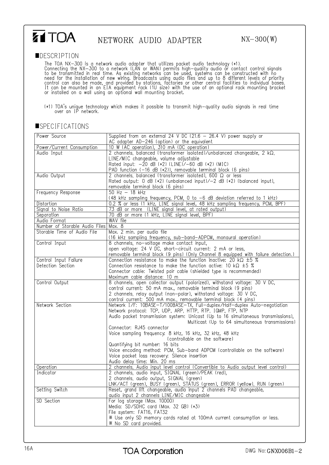 TOA NX-300PS Specifications