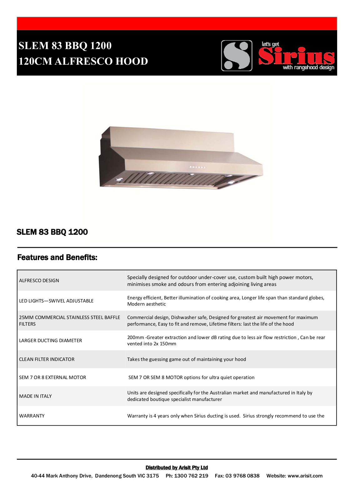 Sirius SLEM83BBQ1200 Specifications Sheet - ManualMachine.com