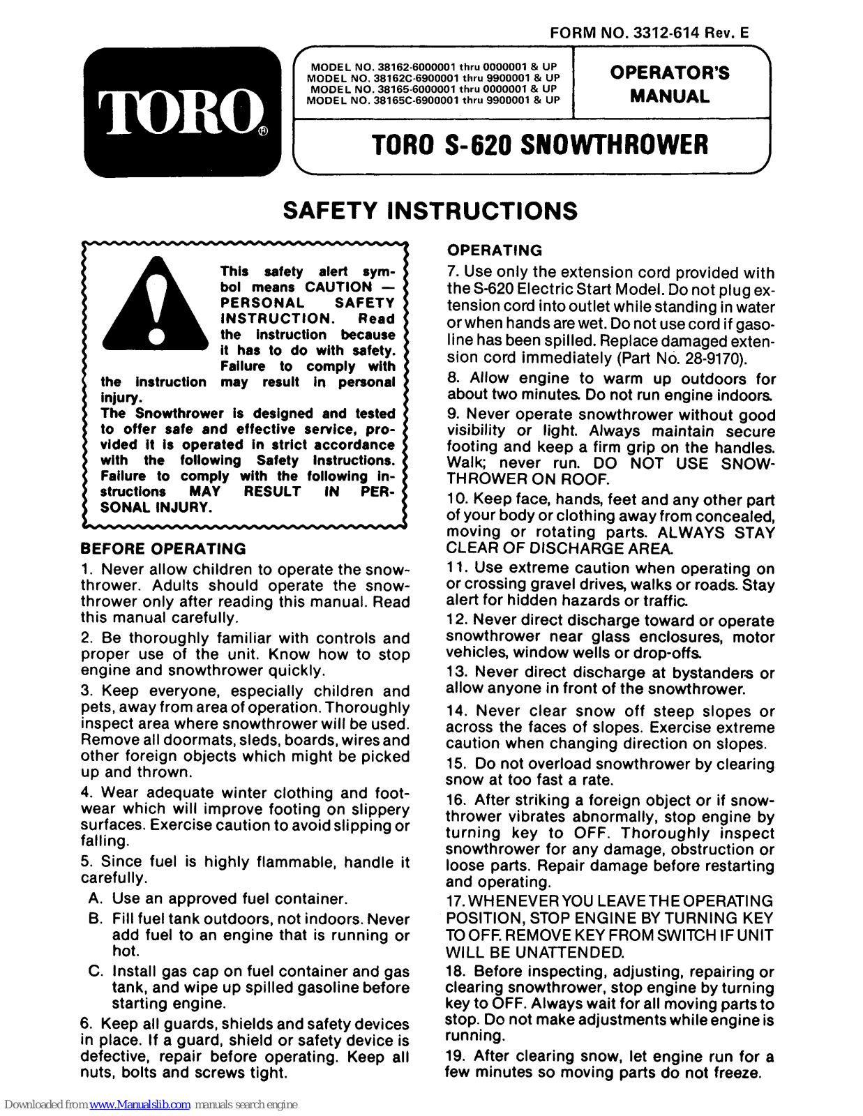 Toro S-620 Operator's Manual