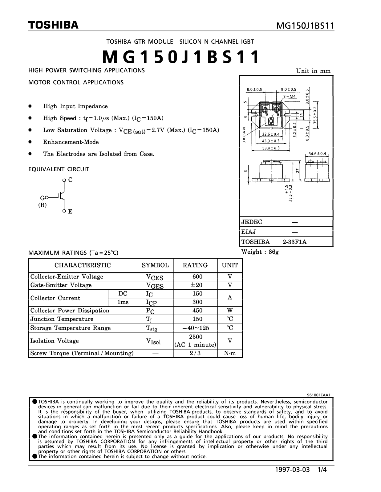 Toshiba MG150J1BS11 Datasheet