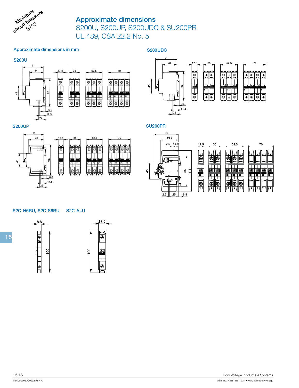 ABB S200U, S200UP, S200UDC, SU200PR Dimensional Sheet