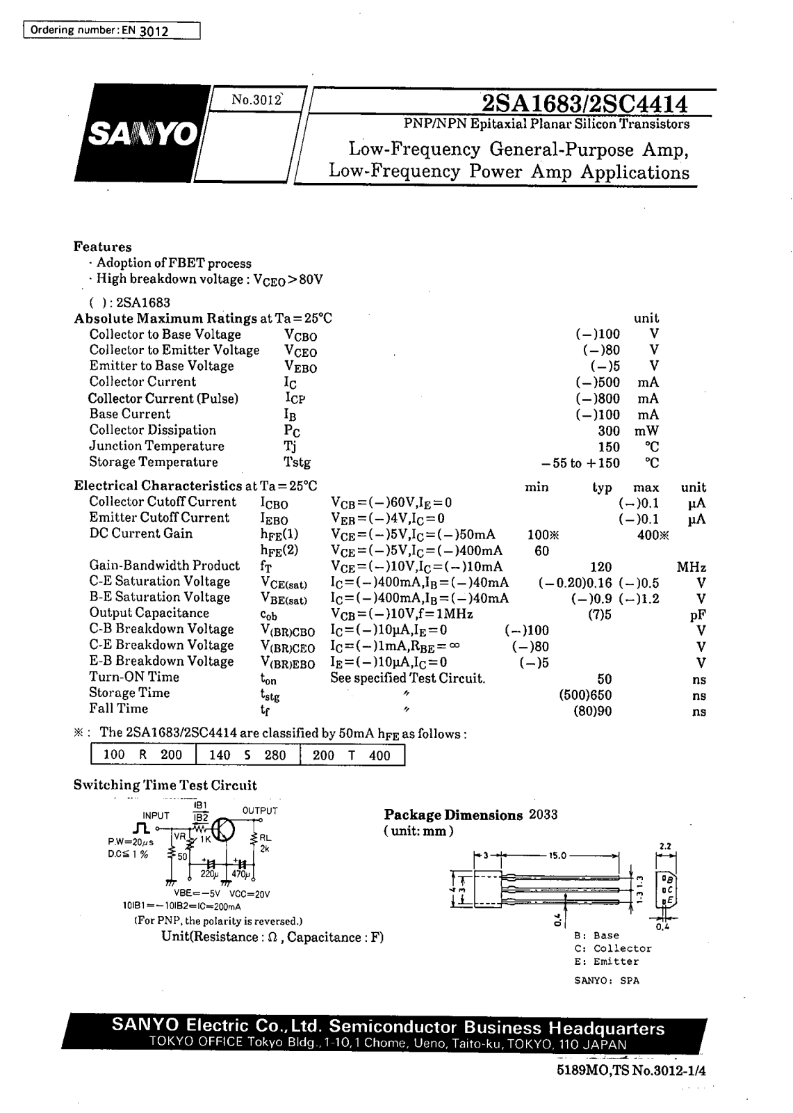 SANYO 2SC4414, 2SA1683 Datasheet