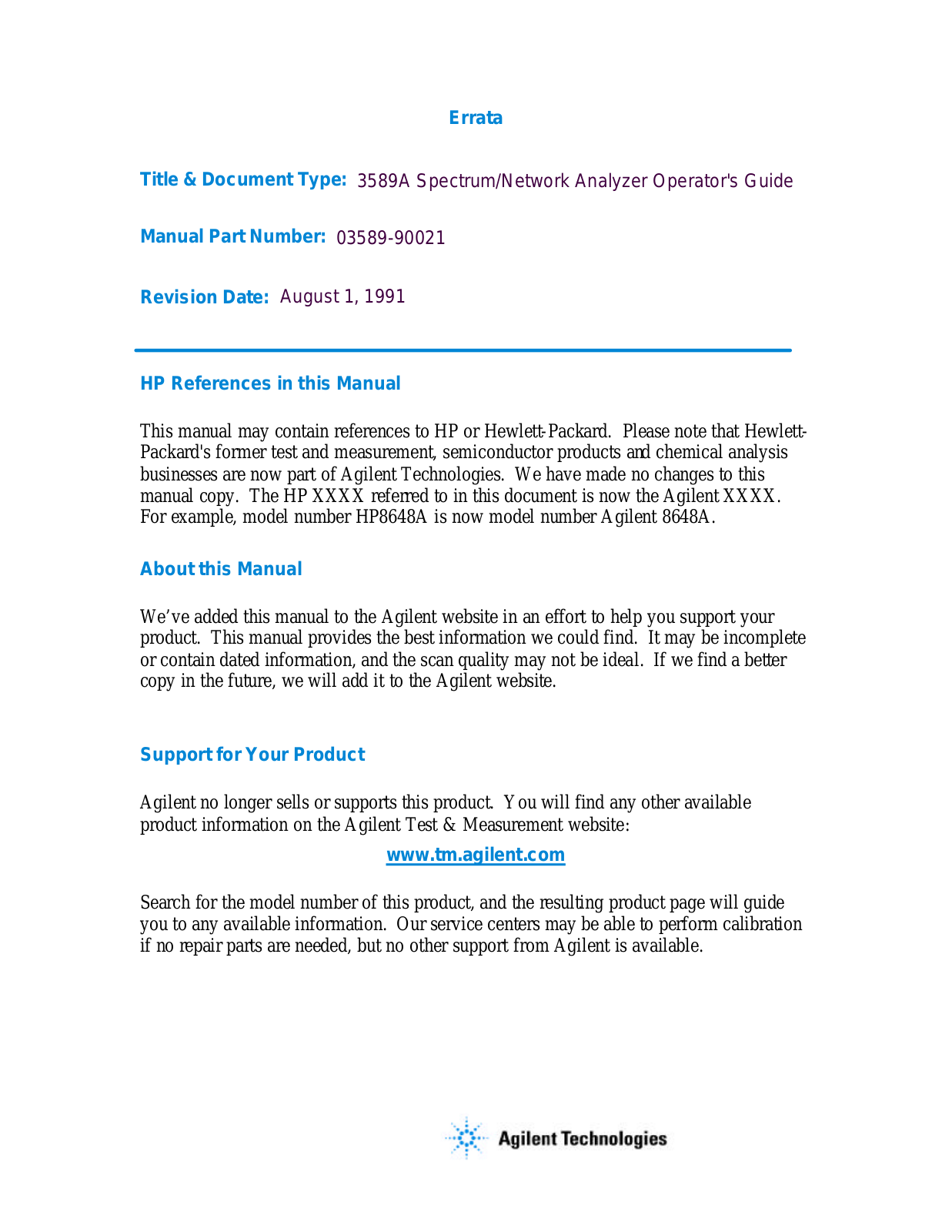 Agilent Technologies 3589A User Manual