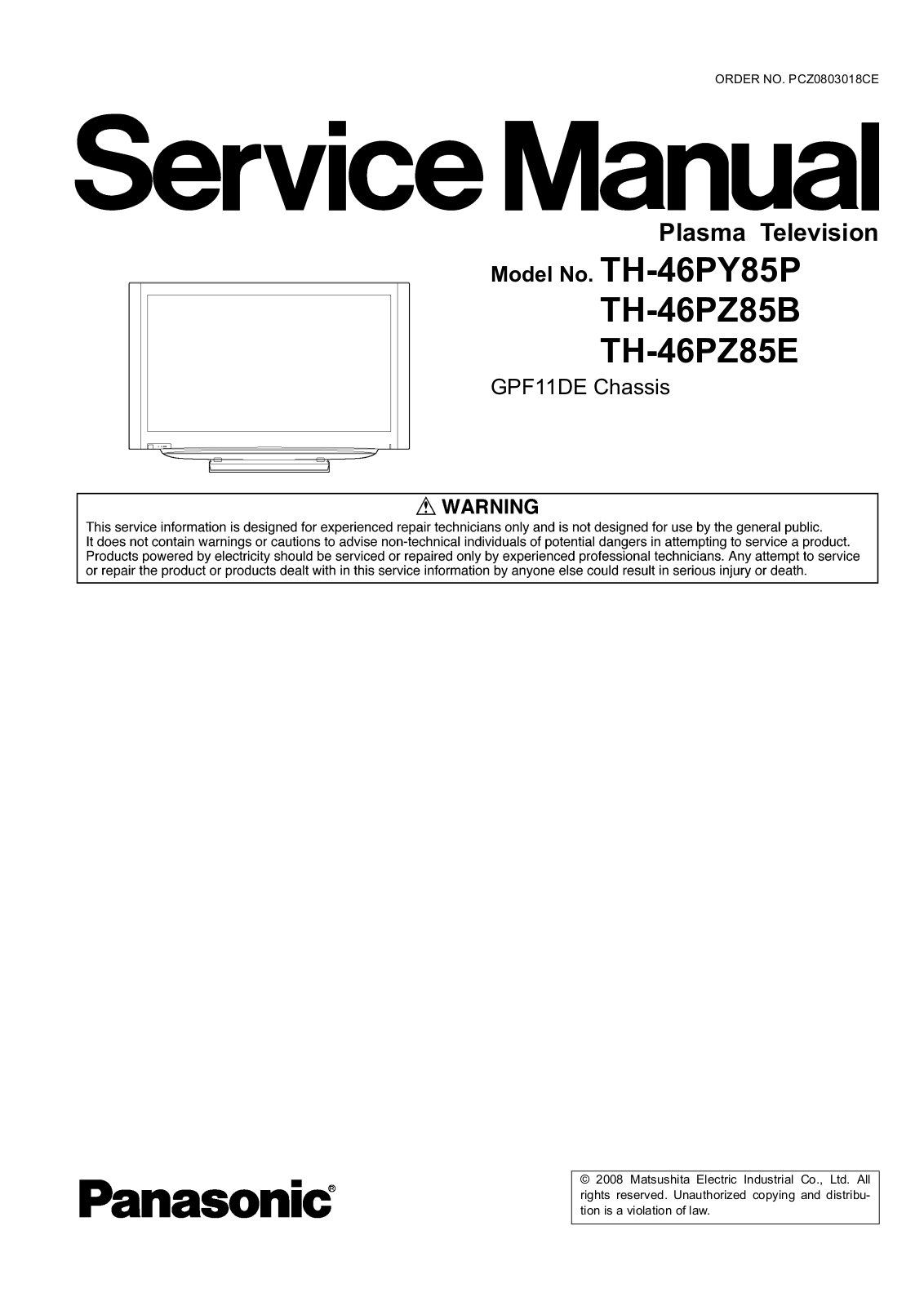 Panasonic TH-46PY85P, TH-46PZ85B, TH-46PZ85E Service manual