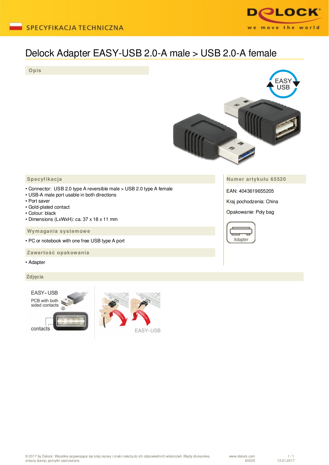 DeLOCK EASY-USB 2.0 adapter, USB-A  plug  to USB-A  socket User Manual