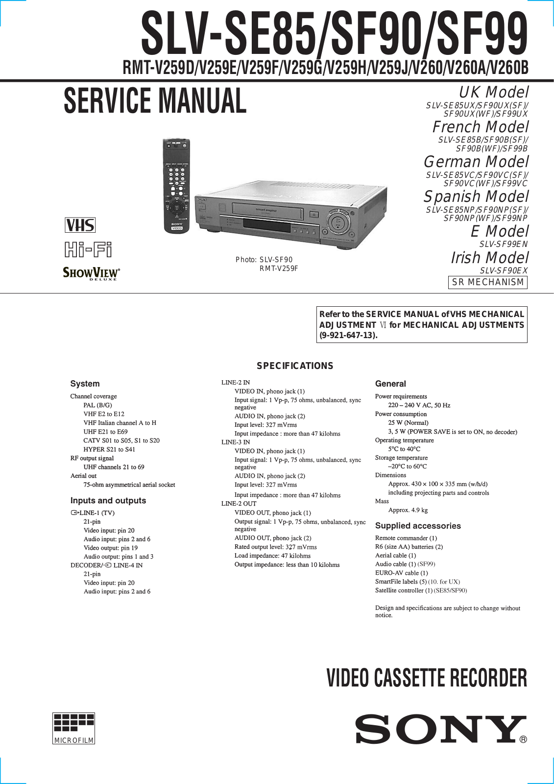 Sony SLV-SE85, SLV-SF90, SLV-SF99 Service Manual