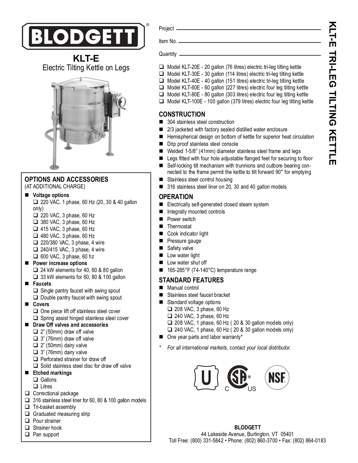 Blodgett KLT-E User Manual