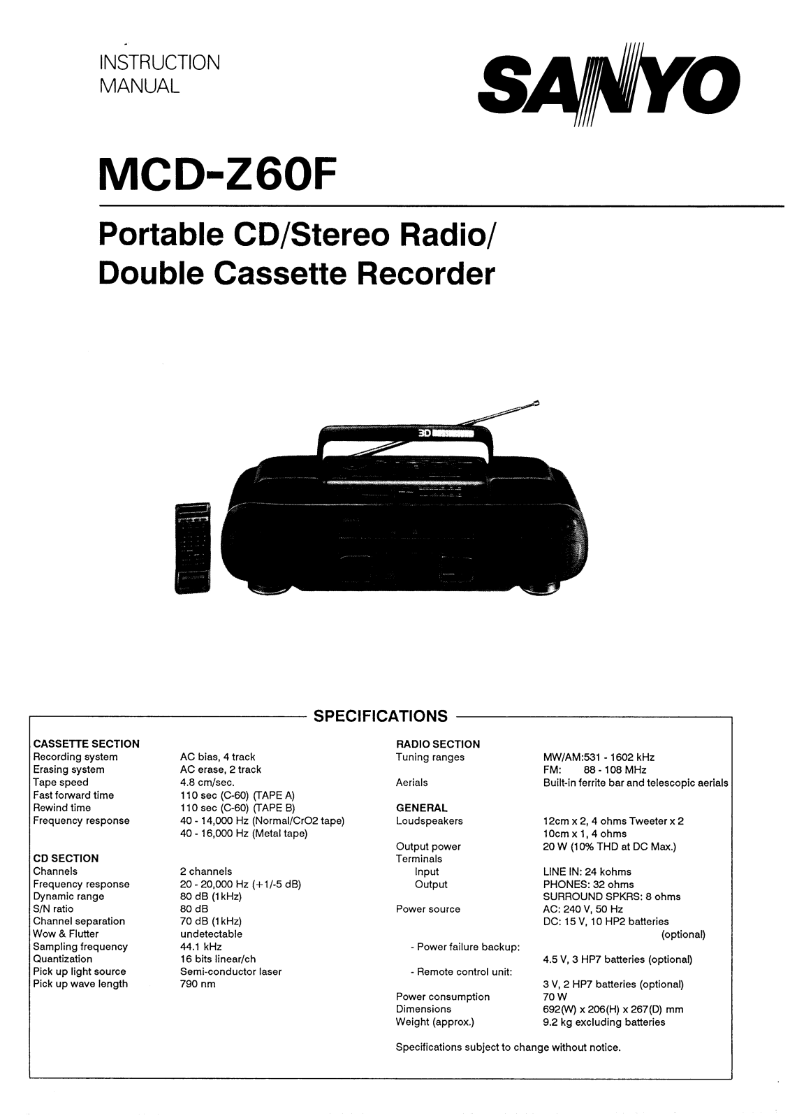 Sanyo MCD-Z60F Instruction Manual