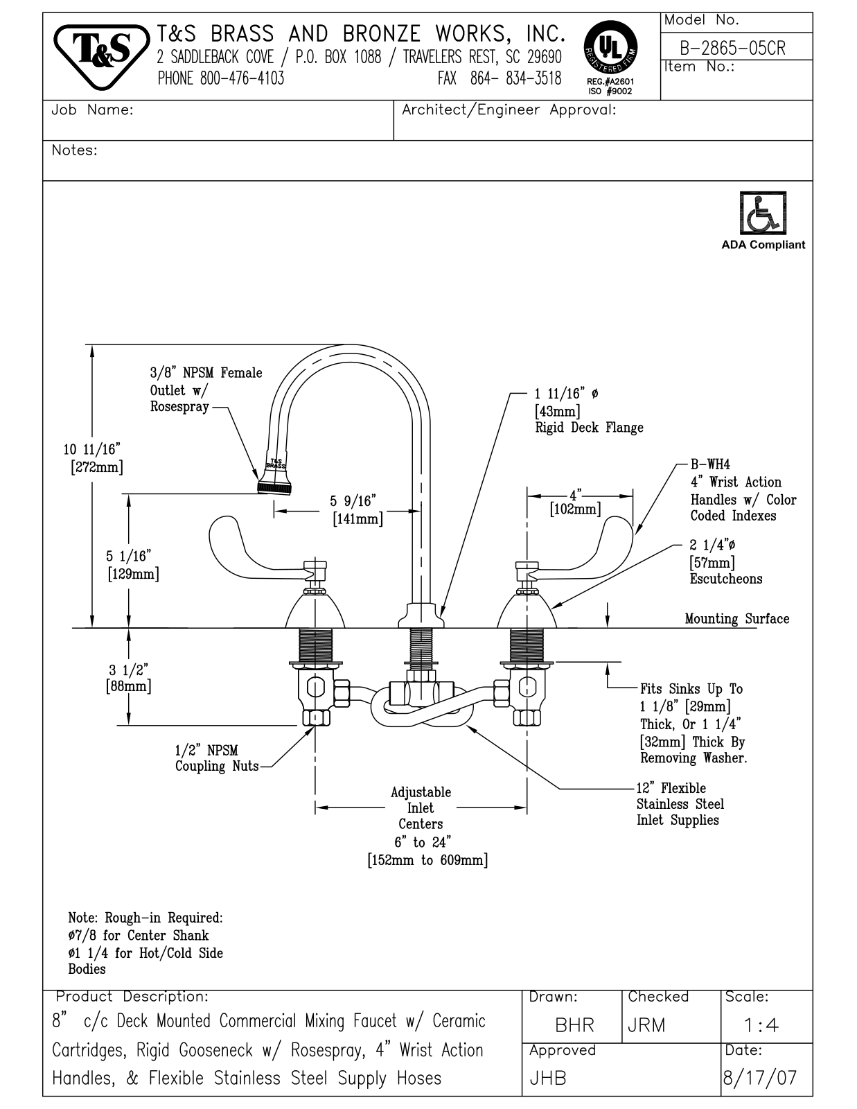 T&S Brass B-2865-05CR User Manual