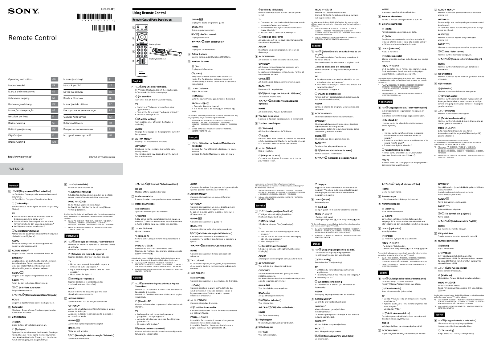 Sony RMT-TX210E Operating Instructions Manual