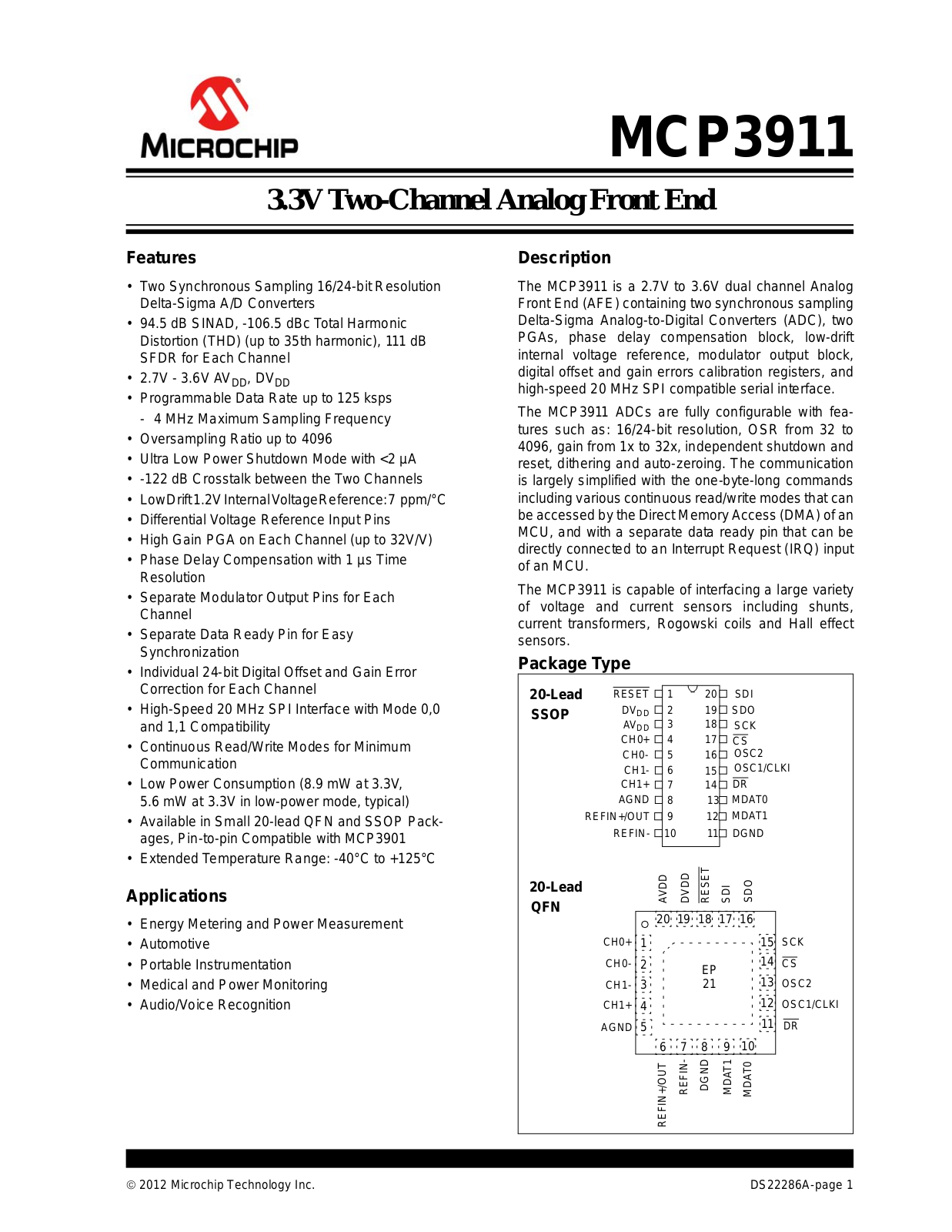 Datasheet MCP3911 Datasheet