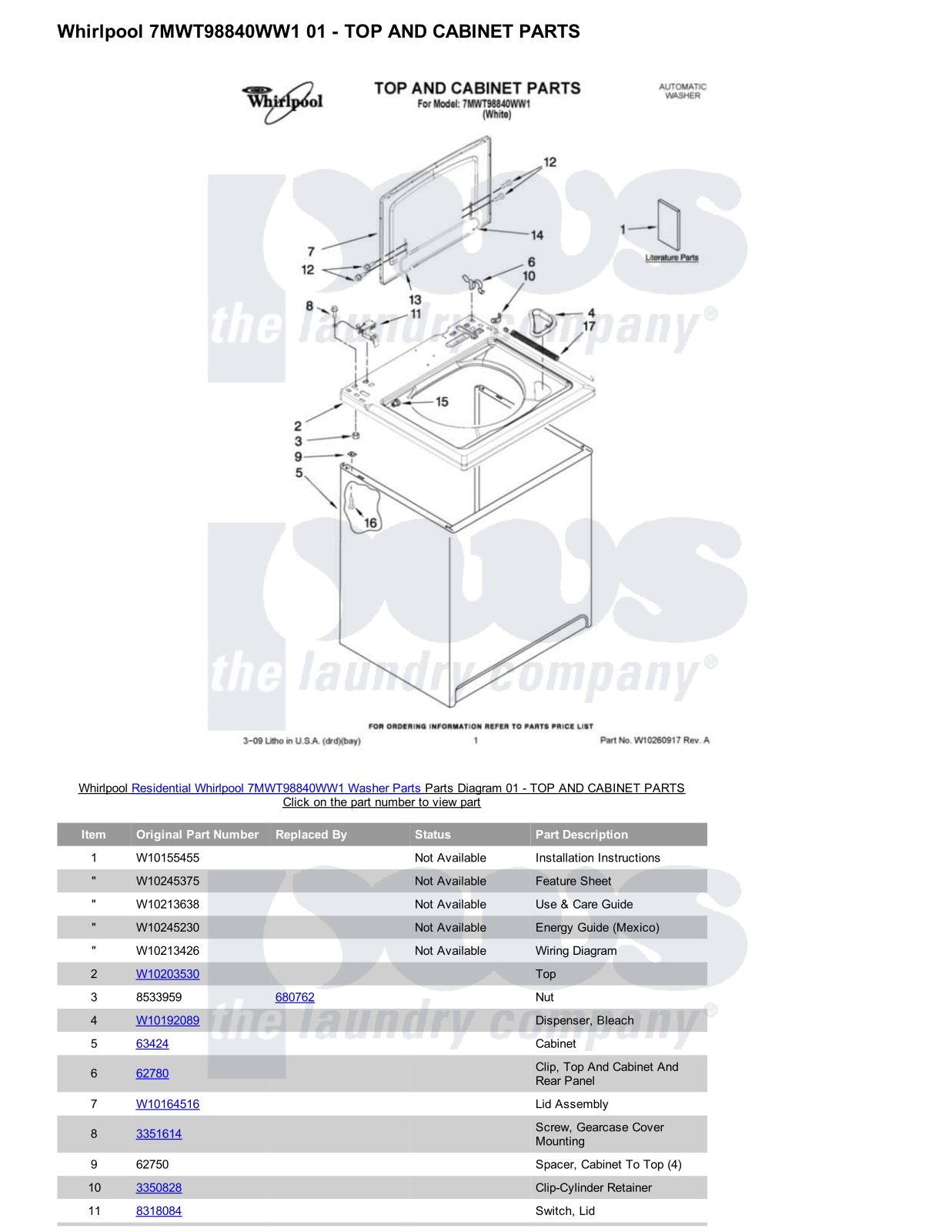 Whirlpool 7MWT98840WW1 Parts Diagram