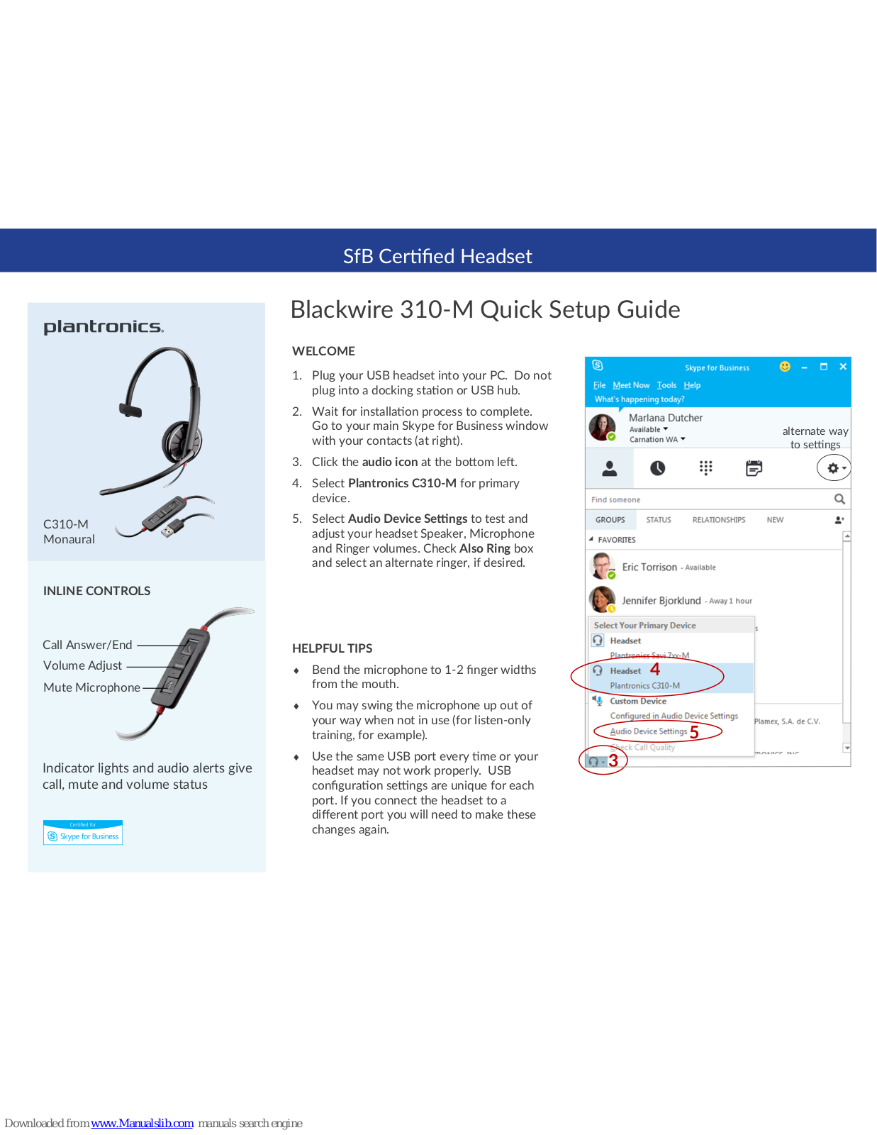 Plantronics Blackwire 310-M Quick Setup Manual - ManualMachine.com