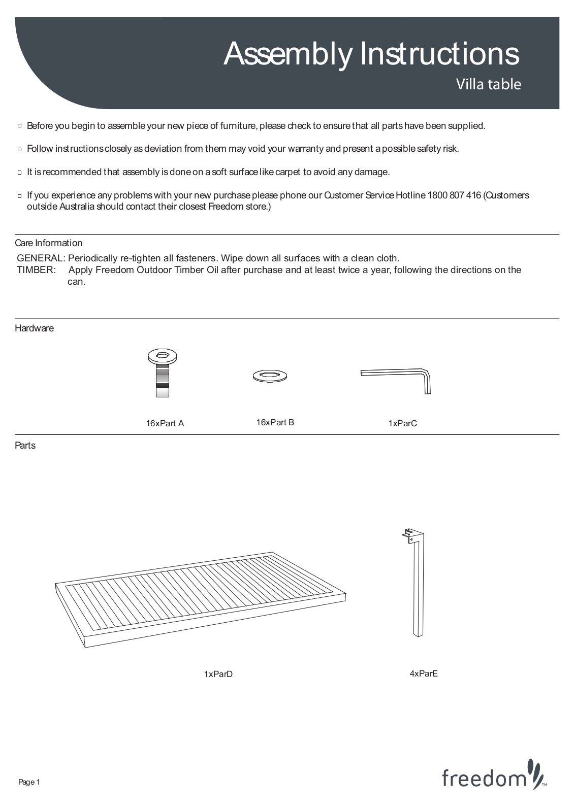 Freedom Villa Table Assembly Instruction