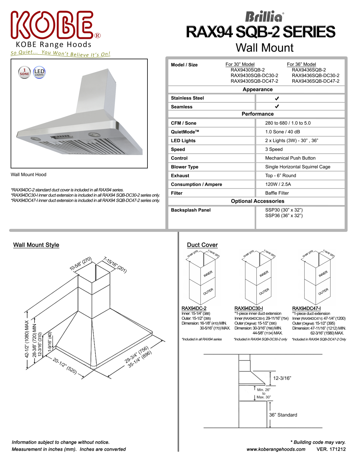 Kobe RAX9436SQBDC472 Specifications