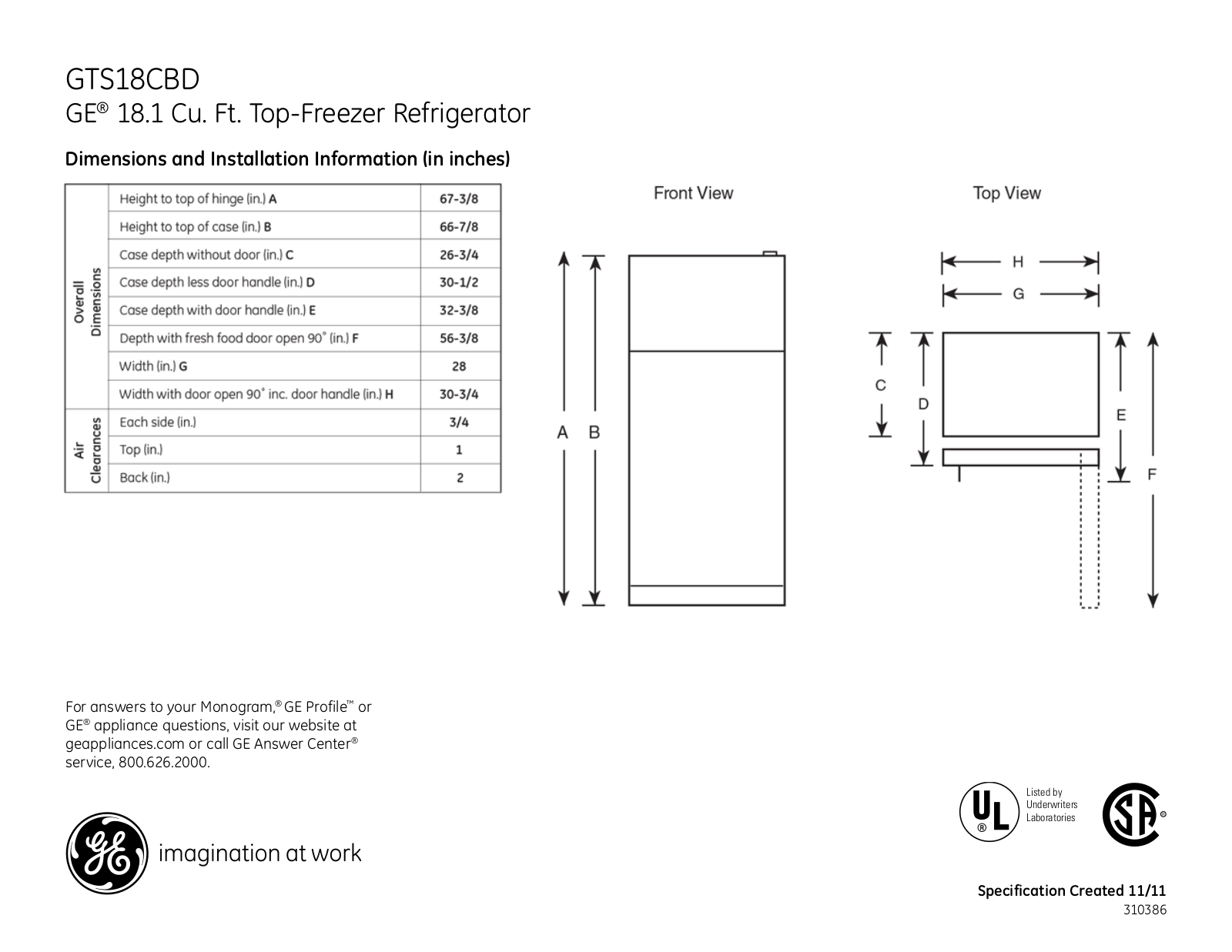 GE GTS18CBD Specification