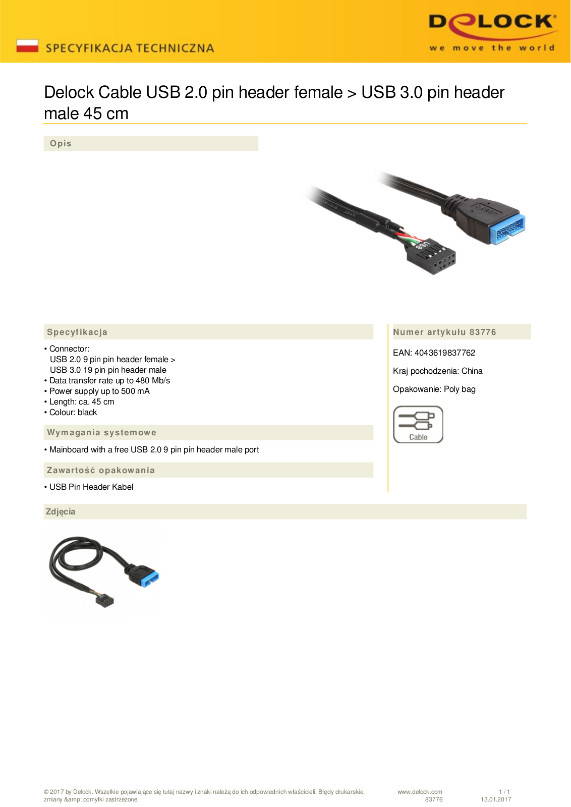 DeLOCK USB 2.0 to USB 3.0 Pin Header converter, 0.45m User Manual