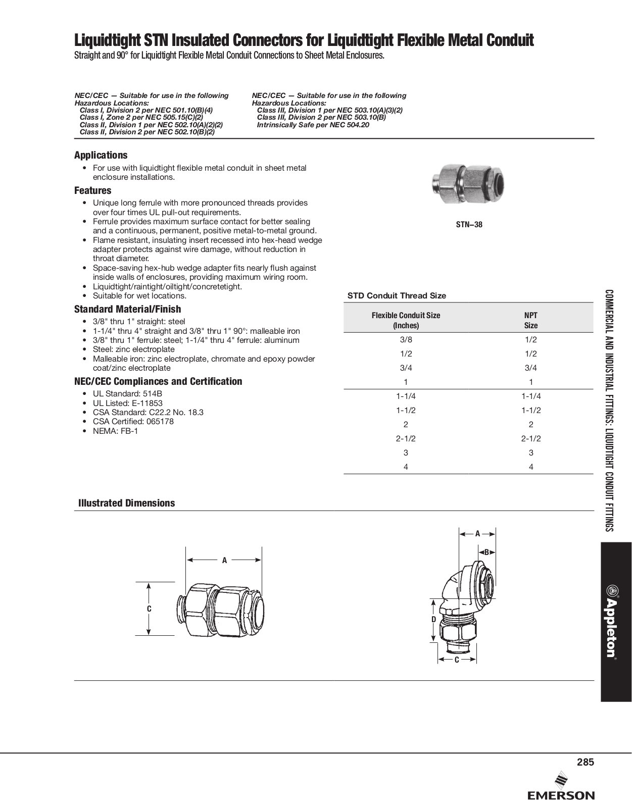 Appleton Liquidtight STN Insulated Connectors for Liquidtight Flexible Metal Conduit Catalog Page