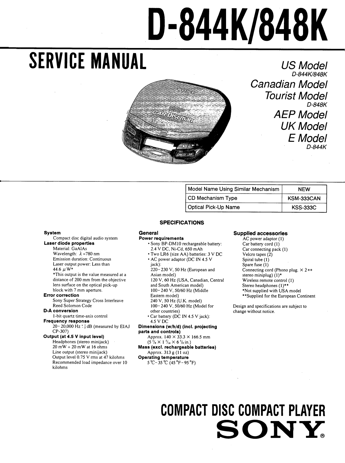 Sony d-844k, d-848k Service Manual