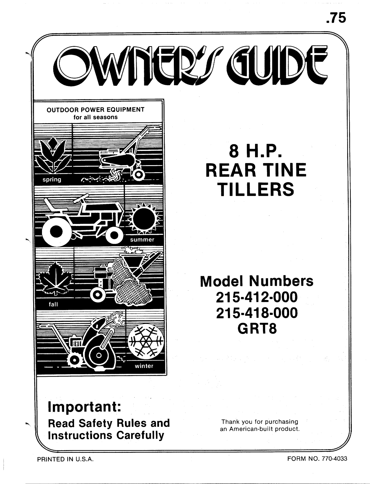 Bolens 215-418-000, 215-412-000, GRT8 User Manual