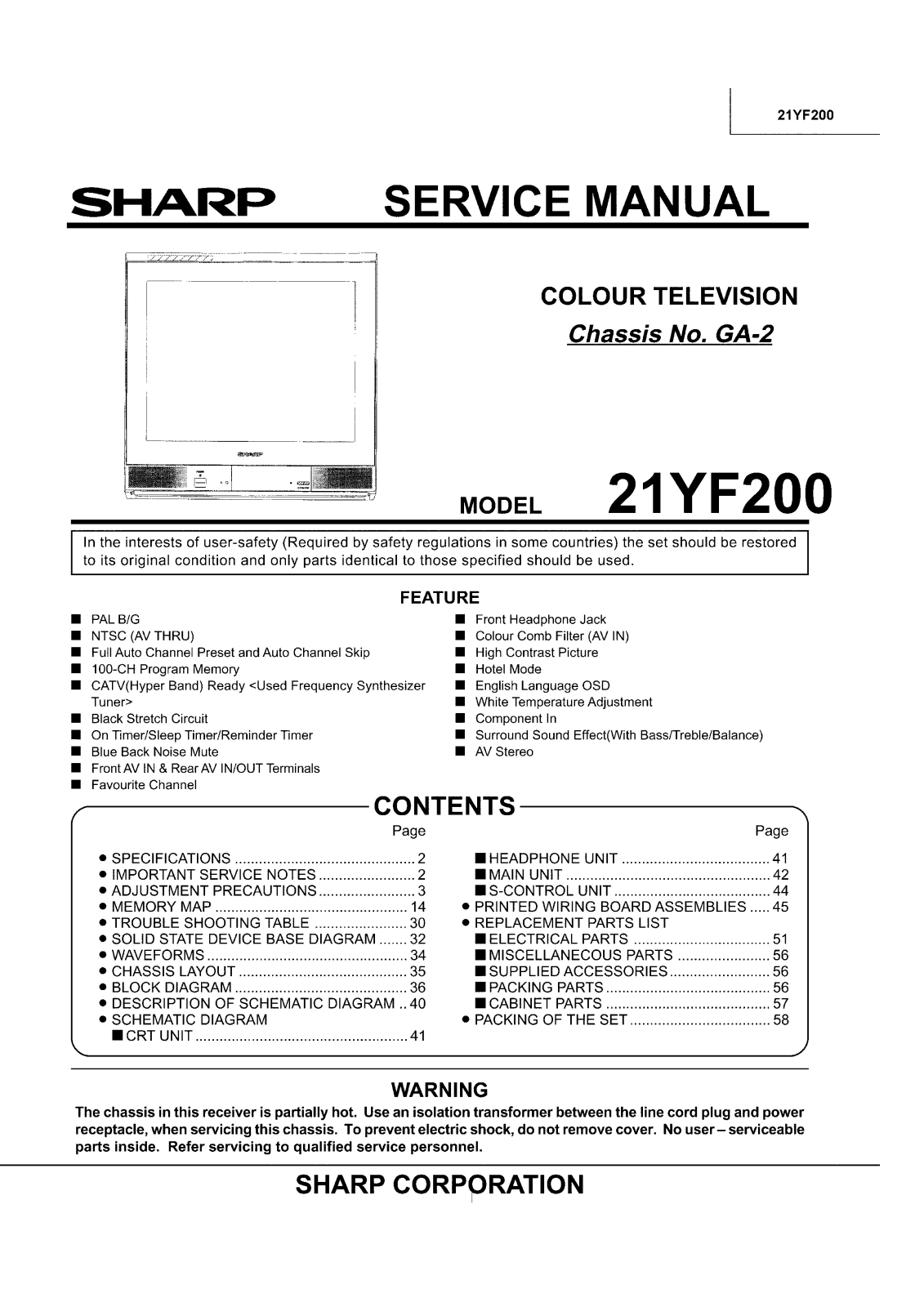 Sharp 21YF200 Service Manual