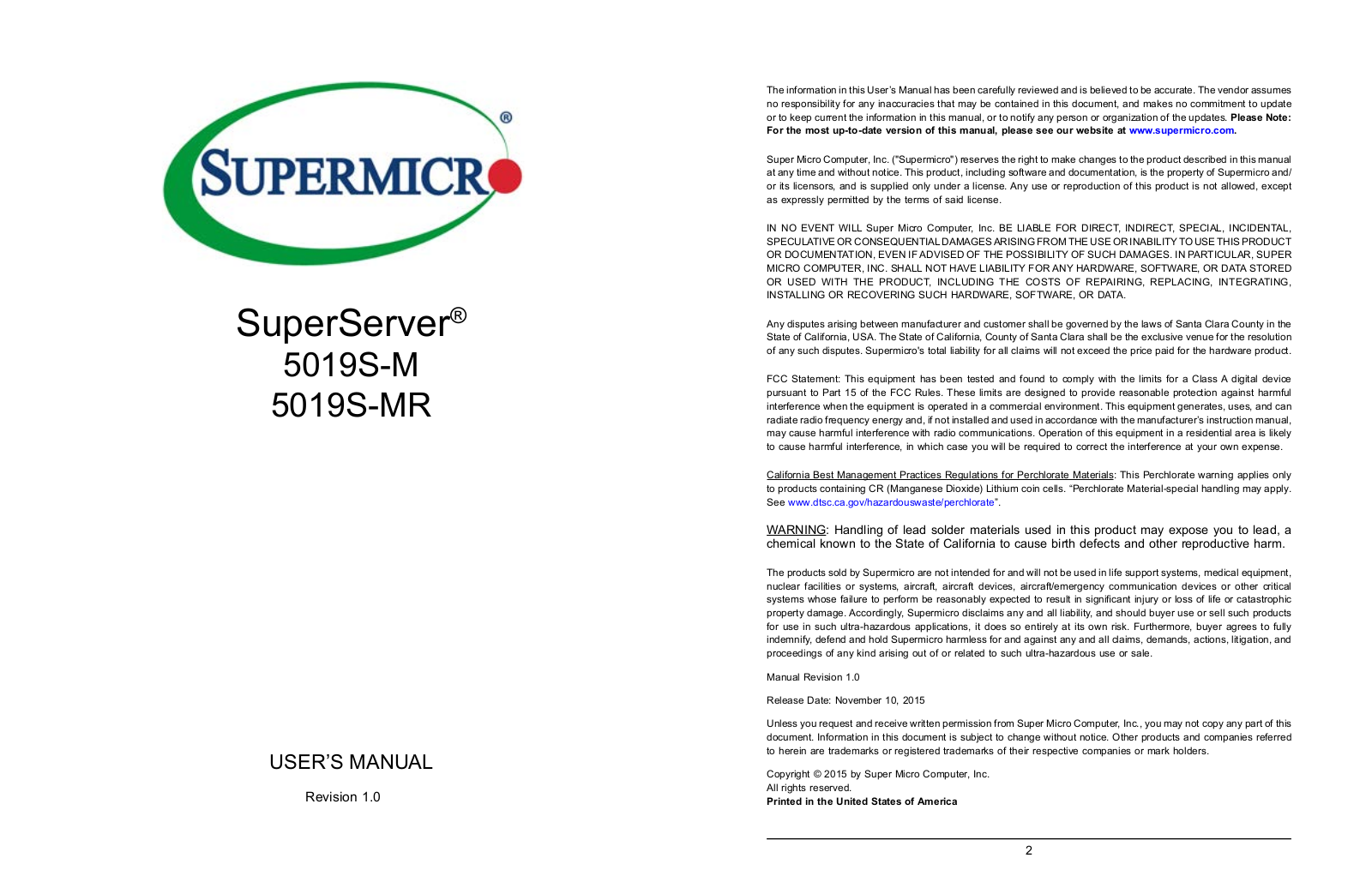 Super Micro SYS-5019S-M User Manual