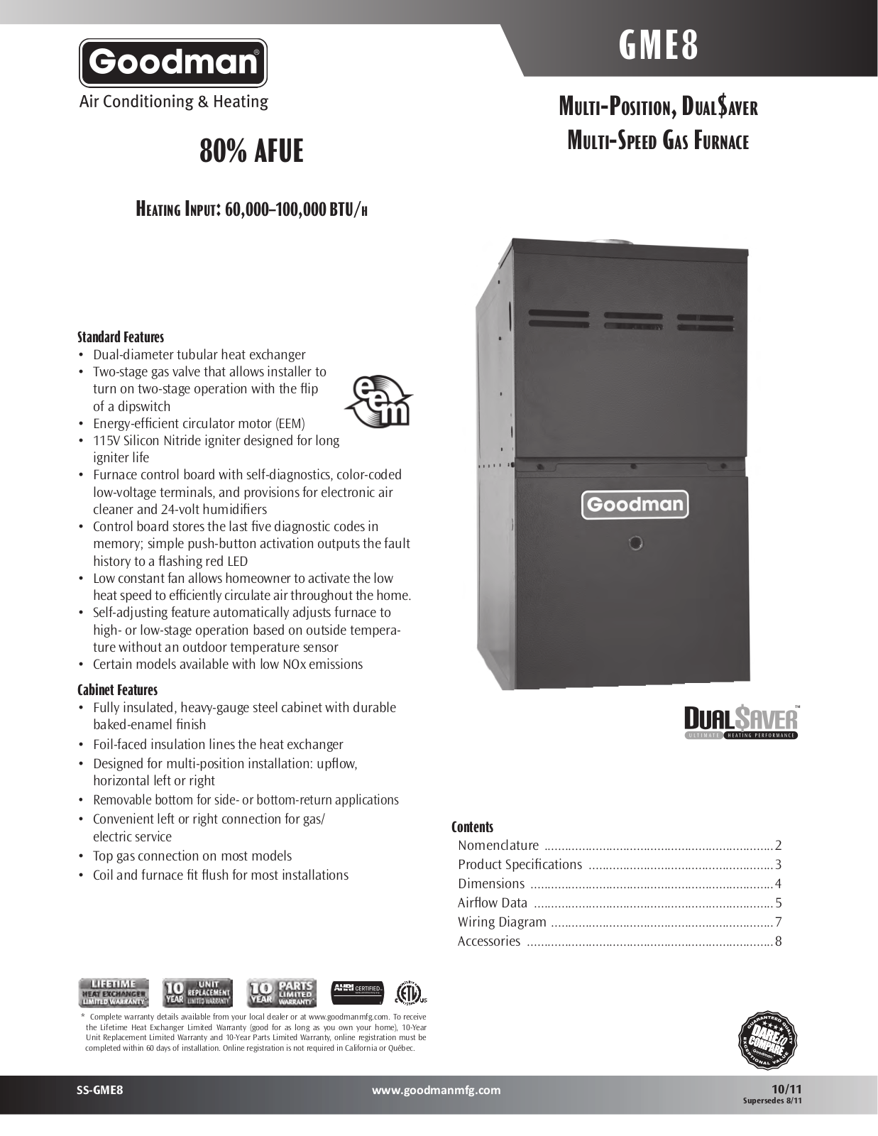 Goodman SS-GME8, GME80603B Series, GME80805C Series, GME81005C Series Specifications