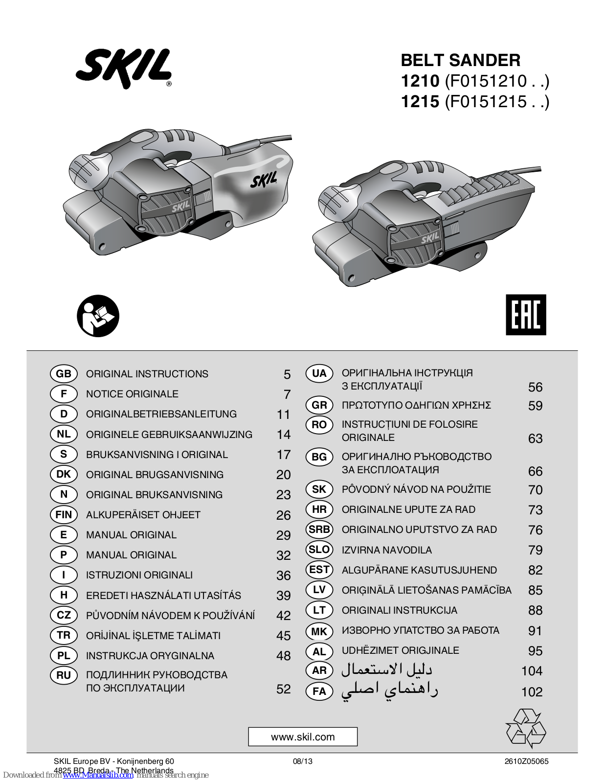 Skil 1215 (F0151215 . .), 1210 (F0151210 . .), 1210, 1215 Original Instructions Manual