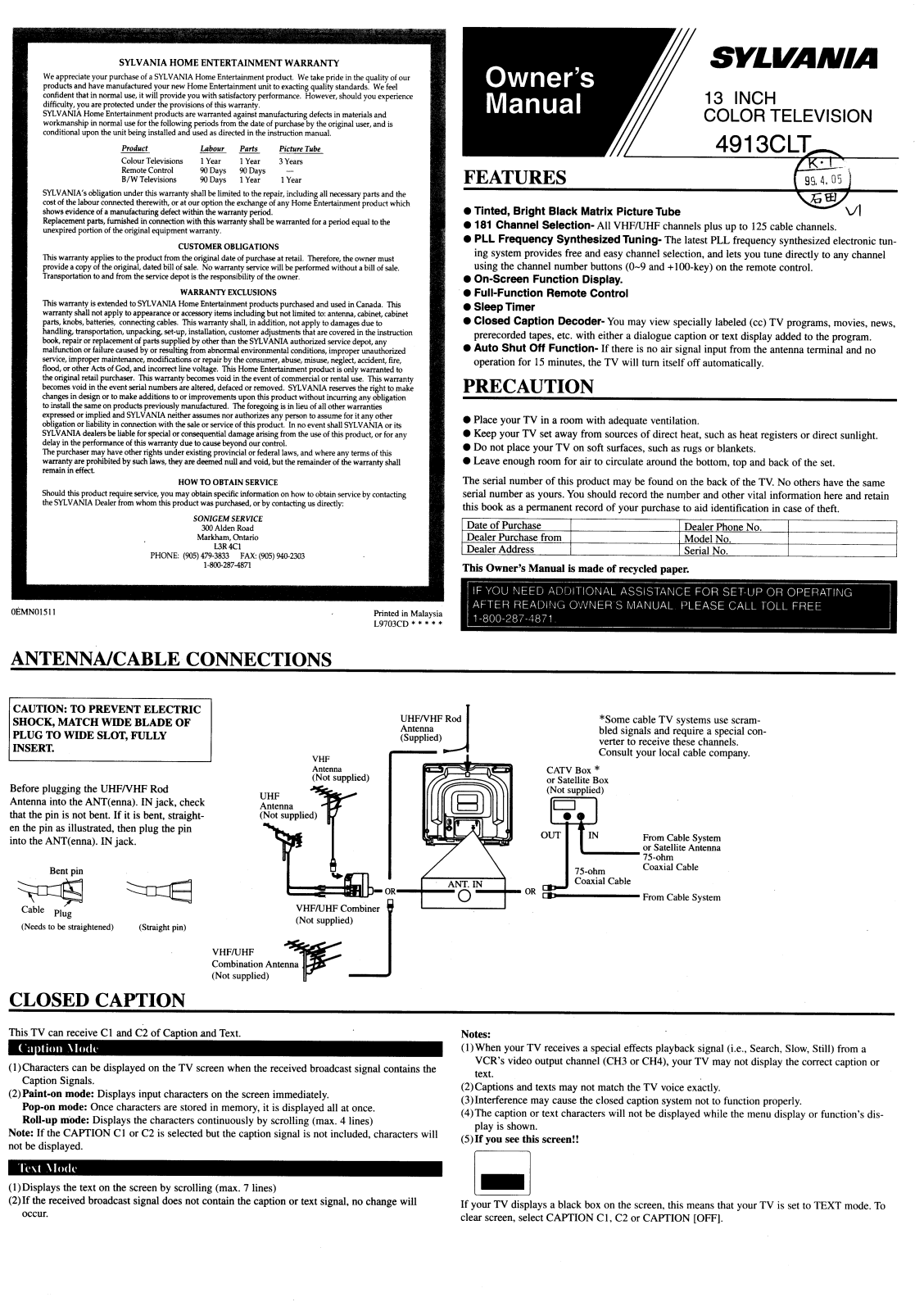 Sylvania 4913CLT User Manual